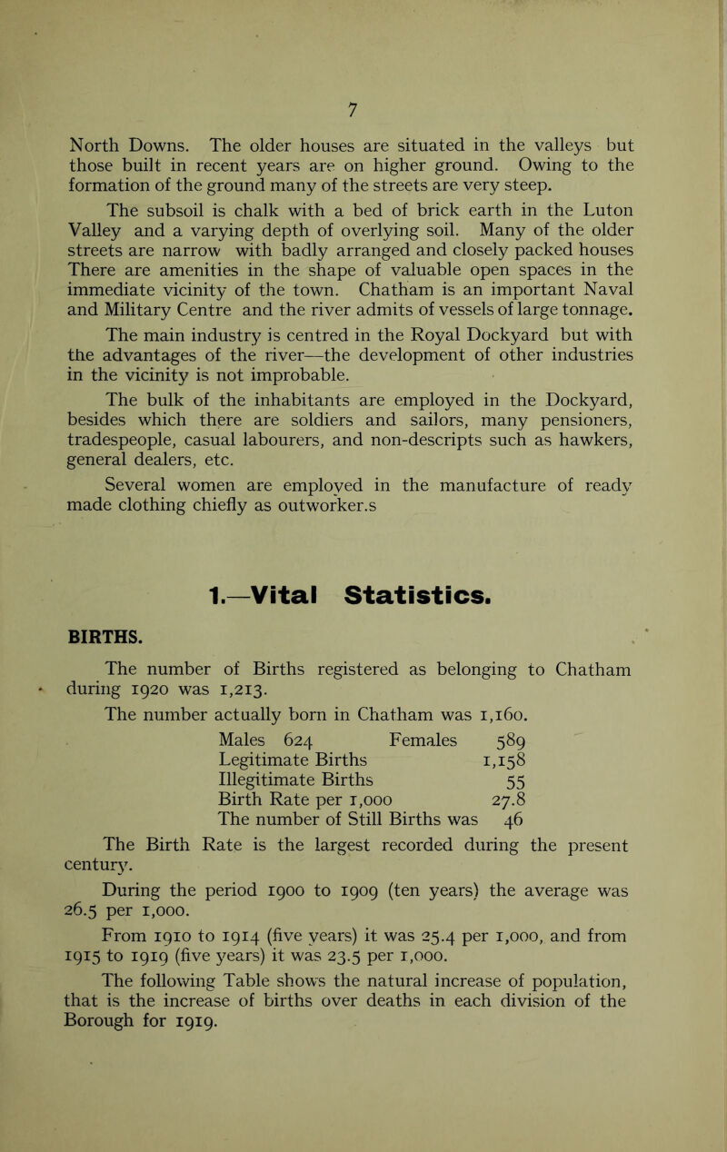 North Downs. The older houses are situated in the valleys but those built in recent years are on higher ground. Owing to the formation of the ground many of the streets are very steep. The subsoil is chalk with a bed of brick earth in the Luton Valley and a varying depth of overlying soil. Many of the older streets are narrow with badly arranged and closely packed houses There are amenities in the shape of valuable open spaces in the immediate vicinity of the town. Chatham is an important Naval and Military Centre and the river admits of vessels of large tonnage. The main industry is centred in the Royal Dockyard but with the advantages of the river—the development of other industries in the vicinity is not improbable. The bulk of the inhabitants are employed in the Dockyard, besides which there are soldiers and sailors, many pensioners, tradespeople, casual labourers, and non-descripts such as hawkers, general dealers, etc. Several women are employed in the manufacture of ready made clothing chiefly as outworker.s 1.—Vital Statistics. BIRTHS. The number of Births registered as belonging to Chatham during 1920 was 1,213. The number actually born in Chatham was 1,160. Males 624 Females 589 Legitimate Births 1,158 Illegitimate Births 55 Birth Rate per t,ooo 27.8 The number of Still Births was 46 The Birth Rate is the largest recorded during the present century. During the period 1900 to 1909 (ten years) the average was 26.5 per 1,000. From 1910 to 1914 (five years) it was 25.4 per 1,000, and from 1915 to 1919 (five years) it was 23.5 per t,ooo. The following Table shows the natural increase of population, that is the increase of births over deaths in each division of the Borough for 1919.