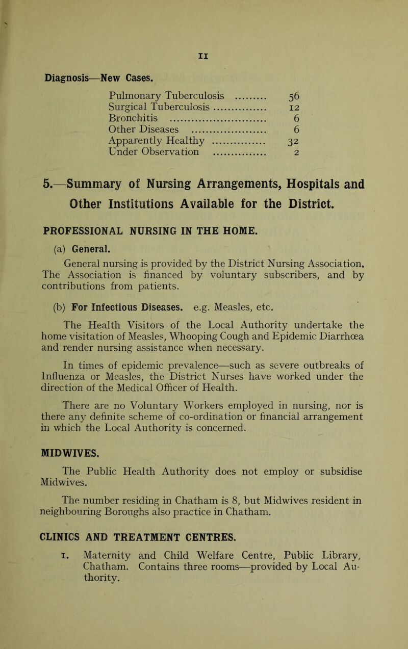 Diagnosis—New Cases. Pulmonary Tuberculosis 56 Surgical Tuberculosis 12 Bronchitis 6 Other Diseases 6 Apparently Healthy 32 Under Observation 2 5.—Summary of Nursing Arrangements, Hospitals and Other Institutions Available for the District. PROFESSIONAL NURSING IN THE HOME. (a) General. General nursing is provided by the District Nursing Association, The Association is financed by voluntary subscribers, and by contributions from patients. (b) For Infectious Diseases, e.g. Measles, etc. The Health Visitors of the Local Authority undertake the home visitation of Measles, Whooping Cough and Epidemic Diarrhoea and render nursing assistance when necessary. In times of epidemic prevalence—such as severe outbreaks of Influenza or Measles, the District Nurses have worked under the direction of the Medical Officer of Health. There are no Voluntary Workers employed in nursing, nor is there any definite scheme of co-ordination or financial arrangement in which the Local Authority is concerned. MIDWIVES. The Public Health Authority does not employ or subsidise Midwives. The number residing in Chatham is 8, but Midwives resident in neighbouring Boroughs also practice in Chatham. CLINICS AND TREATMENT CENTRES. 1. Maternity and Child Welfare Centre, Public Library, Chatham. Contains three rooms—provided by Local Au- thority.