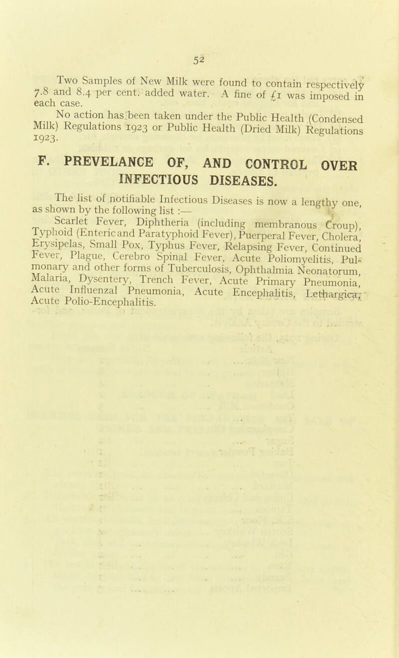 Two Samples of New Milk were found to contain respectively 7.8 and 8.4 per cent, added water. A fine of /i was imposed in each case. No action has.been taken under the Public Health (Condensed 1923^ ^923 or Public Health (Dried Milk) Regulations F. PREVELANCE OF, AND CONTROL OVER INFECTIOUS DISEASES. The list of notifiable Infectious Diseases is now a lengthy one as shown by the following list :— '. ’ Scarlet Fever, Diphtheria (including membranous Croup), Typhoid (Entericand Paratyphoid Fever), Puerperal Fever, Cholera’ Erysipelas, Small Pox, Typhus Fever, Relapsing Fever, Continued Fever, Plague, Cerebro Spinal Fever, Acute Poliomyelitis, PuF monary and other forms of Tuberculosis, Ophthalmia Neonatorum, Malaria, Dysenterj^, Trench Fever, Acute Primary Pneumonia, Acute Influenzal Pneumonia, Acute Encephalitis, Lethardca:’- Acute Polio-Encephalitis. ” ‘