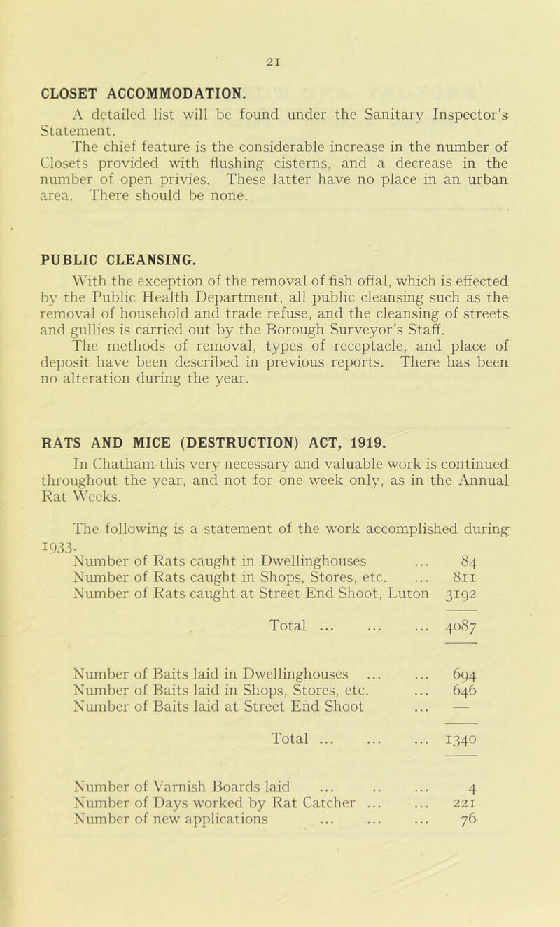 CLOSET ACCOMMODATION. A detailed list will be found under the Sanitary Inspector’s Statement. The chief feature is the considerable increase in the number of Closets provided with flushing cisterns, and a decrease in the number of open privies. These latter have no place in an urban area. There should be none. PUBLIC CLEANSING. With the exception of the removal of fish offal, which is effected by the Public Health Department, all public cleansing such as the removal of household and trade refuse, and the cleansing of streets and gullies is carried out by the Borough Surveyor’s Staff. The methods of removal, types of receptacle, and place of deposit have been described in previous reports. There has been no alteration during the year. RATS AND MICE (DESTRUCTION) ACT, 1919. In Chatham this very necessary and valuable work is continued throughout the year, and not for one week only, as in the Annual Rat Weeks. The following is a statement of the work accomplished during: 1933- Number of Rats caught in Dwellinghouses ... 84 Number of Rats caught in Shops, Stores, etc. ... 811 Number of Rats caught at Street End Shoot, Luton 3192 Total 4087 Number of Baits laid in Dwellinghouses ... ... 694 Number of Baits laid in Shops, Stores, etc. ... 646 Number of Baits laid at Street End Shoot Total 1340 Number of Varnish Boards laid ... .. ... 4 Number of Days worked by Rat Catcher ... ... 221 Number of new applications ... ... ... 76