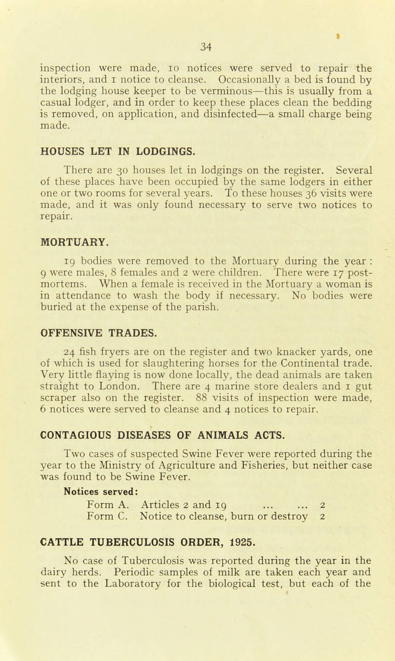 ) inspection were made, lo notices were served to repair the interiors, and i notice to cleanse. Occasionally a bed is found by the lodging house keeper to be verminous—this is usually from a casual lodger, and in order to keep these places clean the bedding is removed, on application, and disinfected—a small charge being made. HOUSES LET IN LODGINGS. There are 30 houses let in lodgings on the register. Several of these places have been occupied by the same lodgers in either one or two rooms for several years. To these houses 36 visits were made, and it was only found necessary to serve two notices to repair. MORTUARY. 19 bodies were removed to the Mortuary during the year : 9 were males, 8 females and 2 were children. There were 17 post- mortems. When a female is received in the Mortuary a woman is in attendance to wash the body if necessary. No bodies were buried at the expense of the parish. OFFENSIVE TRADES. 24 fish fryers are on the register and two knacker yards, one of which is used for slaughtering horses for the Continental trade. Very little flaying is now done locally, the dead animals are taken straight to London. There are 4 marine store dealers and i gut scraper also on the register. 88 visits of inspection were made, 6 notices were served to cleanse and 4 notices to repair. CONTAGIOUS DISEASES OF ANIMALS ACTS. Two cases of suspected Swine Fever were reported during the year to the Ministry of Agriculture and Fisheries, but neither case was found to be Swine Fever. Notices served: Form A. Articles 2 and 19 ... ... 2 Form C. Notice to cleanse, burn or destroy 2 CATTLE TUBERCULOSIS ORDER, 1925. No case of Tuberculosis was reported during the year in the dairy herds. Periodic samples of milk are taken each year and sent to the Laboratory for the biological test, but each of the