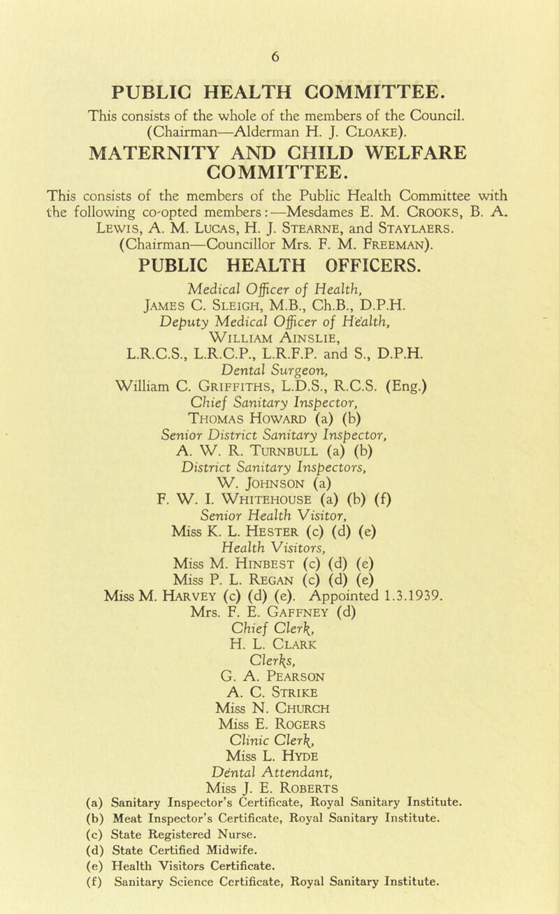 PUBLIC HEALTH COMMITTEE. This consists of the whole of the members of the Council. (Chairman—Alderman H. J. Cloake). MATERNITY AND CHILD WELFARE COMMITTEE. This consists of the members of the Public Health Committee with the following co'opted members:—Mesdames E. M. CROOKS, B. A. Lewis, A. M. Lucas, H. J. Stearne, and Staylaers. (Chairman—Councillor Mrs. F. M. Freeman). PUBLIC HEALTH OFFICERS. Medical Officer of Health, J.-\MES C. Sleigh, M.B., Ch.B., D.P.H. Deputy Medical Officer of Health, William Ainslie, L.R.C.S., L.R.C.P., L.R.F.P. and S., D.P.H. Dental Surgeon, William C. Griffiths, L.D.S., R.C.S. (Eng.) Chief Sanitary Inspector, Thomas Howard (a) (b) Senior District Sanitary Inspector, A. W. R. Turnbull (a) (b) District Sanitary Inspectors, W. Johnson (a) F. W. 1. Whitehouse (a) (b) (f) Senior Health Visitor, Miss K. L. Hester (c) (d) (e) Health Visitors, Miss M. Hinbest (c) (d) (e) Miss P. L. Regan (c) (d) (e) Miss M. Harvey (c) (d) (e). Appointed 1.3.1939. Mrs. F. E. Gaffney (d) Chief Cler\, H. L. Clark Cler\s, G. A. Pearson A. C. Strike Miss N. Church Miss E. Rogers Clinic Cler\, Miss L. Hyde Dental Attendant, Miss J. E. Roberts (a) Sanitary Inspector’s Certificate, Royal Sanitary Institute. (b) Meat Inspector’s Certificate, Royal Sanitary Institute. (c) State Registered Nurse. (d) State Certified Midwife. (e) Health Visitors Certificate. (f) Sanitary Science Certificate, Royal Sanitary Institute.