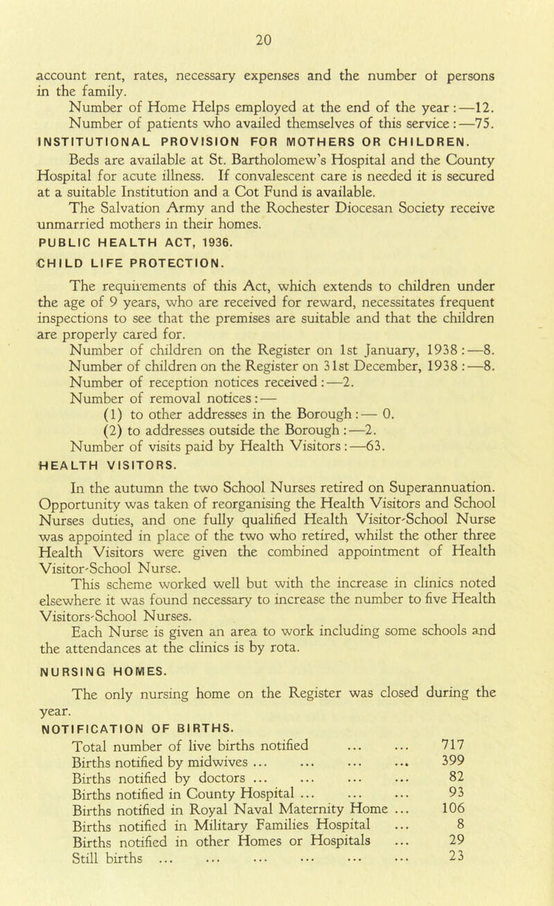 account rent, rates, necessary expenses and the number ot persons in the family. Number of Home Helps employed at the end of the year:—12. Number of patients who availed themselves of this service :—75. INSTITUTIONAL PROVISION FOR MOTHERS OR CHILDREN. Beds are available at St. Bartholomew’s Hospital and the County Hospital for acute illness. If convalescent care is needed it is secured at a suitable Institution and a Cot Fund is available. The Salvation Army and the Rochester Diocesan Society receive unmarried mothers in their homes. PUBLIC HEALTH ACT, 1936. CHILD LIFE PROTECTION. The requirements of this Act, which extends to children under the age of 9 years, who are received for reward, necessitates frequent inspections to see that the premises are suitable and that the children are properly cared for. Number of children on the Register on 1st January, 1938:—8. Number of children on the Register on 31st December, 1938 :—8. Number of reception notices received:—2. Number of removal notices: — (1) to other addresses in the Borough:— 0. (2) to addresses outside the Borough :—2. Number of visits paid by Health Visitors :—63. HEALTH VISITORS. In the autumn the two School Nurses retired on Superannuation. Opportunity was taken of reorganising the Health Visitors and School Nurses duties, and one fully qualified Health Visitor'School Nurse was appointed in place of the two who retired, whilst the other three Health Visitors were given the combined appointment of Health Visitor'School Nurse. This scheme worked well but with the increase in clinics noted elsewhere it was found necessary to increase the number to five Health Visitors'School Nurses. Each Nurse is given an area to work including some schools and the attendances at the clinics is by rota. NURSING HOMES. The only nursing home on the Register was closed during the year. NOTIFICATION OF BIRTHS. Total number of live births notified ... ... 717 Births notified by mid wives ... ... ... ... 399 Births notified by doctors ... ... ... ... 82 Births notified in County Hospital 93 Births notified in Royal Naval Maternity Home ... 106 Births notified in Military Families Hospital ... 8 Births notified in other Homes or Hospitals ... 29 Still births ... ... ... ... ... 23