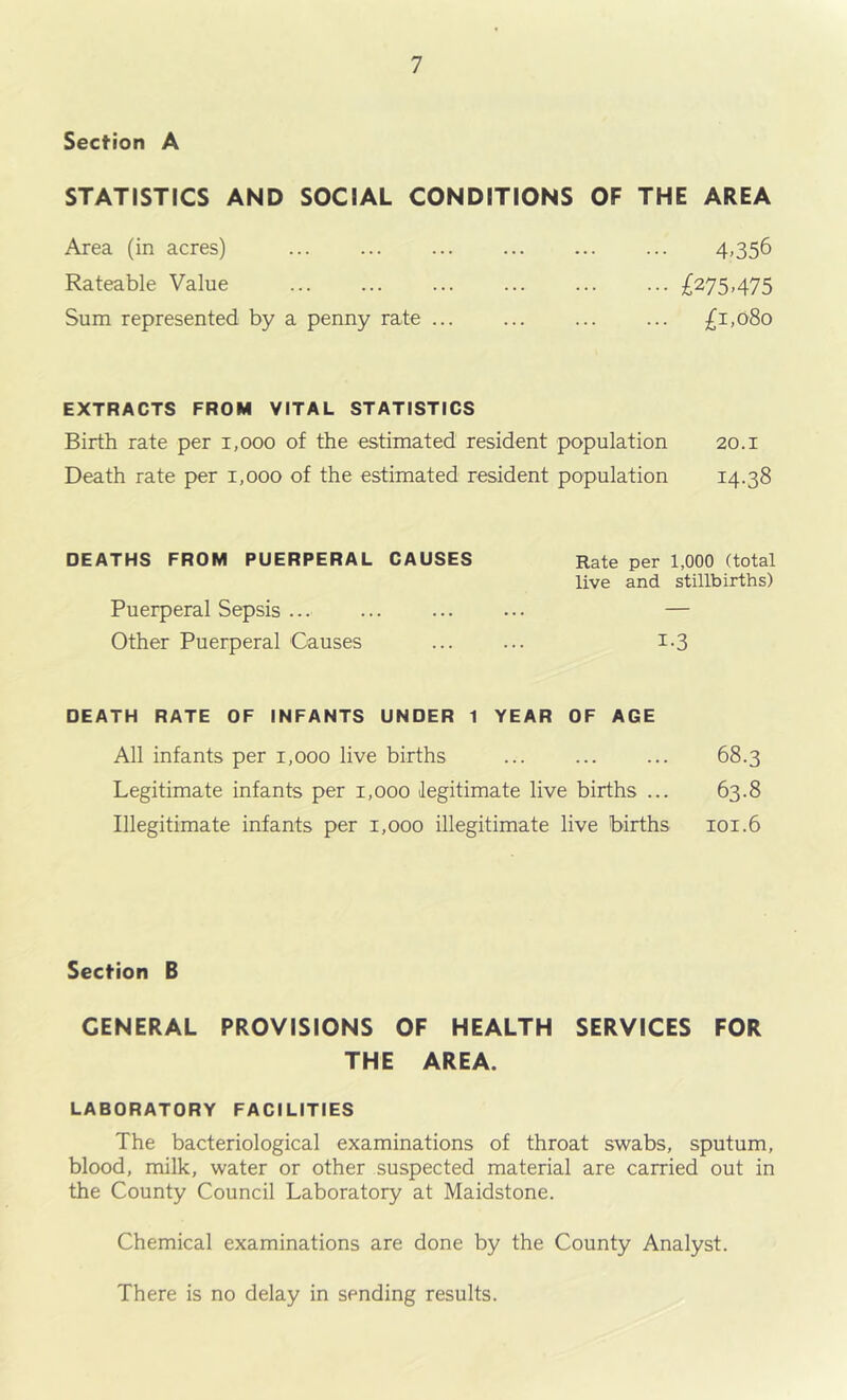 Section A STATISTICS AND SOCIAL CONDITIONS OF THE AREA Area (in acres) 4-356 Rateable Value ^^275,475 Sum represented by a penny rate £1,080 EXTRACTS FROM VITAL STATISTICS Birth rate per 1,000 of the estimated resident population 20.1 Death rate per 1,000 of the estimated resident population 14-38 DEATHS FROM PUERPERAL CAUSES Rate per 1,000 (total live and stillbirths) Puerperal Sepsis — Other Puerperal Causes i-3 DEATH RATE OF INFANTS UNDER 1 YEAR OF AGE All infants per 1,000 live births ... ... ... 68.3 Legitimate infants per 1,000 legitimate live births ... 63.8 Illegitimate infants per 1,000 illegitimate live births 101.6 Section B GENERAL PROVISIONS OF HEALTH SERVICES FOR THE AREA. LABORATORY FACILITIES The bacteriological examinations of throat swabs, sputum, blood, milk, water or other suspected material are carried out in the County Council Laboratory at Maidstone. Chemical examinations are done by the County Analyst. There is no delay in sending results.