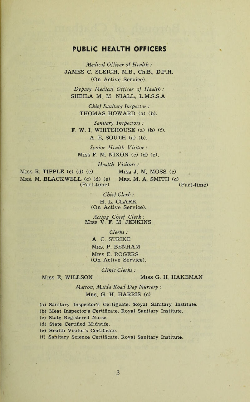 PUBLIC HEALTH OFFICERS Medical Officer of Health : JAMES C. SLEIGH, M.B, Ch3., D.P.H. (On Active Service). Deputy Medical Officer of Health ; SHEILA M. M. NIALL, L.M.S.S.A. Chief Sanitary Inspector; THOMAS HOWARD (a) (b). Sanitary Inspectors: F. W. I. WHITEHOUSE (a) (b) (f). A. E. SOUTH (a) (b). Senior Health Visitor: Miss F. M. NIXON (c) (d) (e). Health Visitors: Miss R. TIPPLE (c) (d) (e) Miss J. M. MOSS (c) Mrs. M. BLACKWELL (c) (d) (e) Mrs. M. A. SMITH (c) (Part-time) (Part-time) Chief Clerk : H. L. CLARK (On Active Service). Acting Chief Clerk: Miss V. F. M. JENKINS Clerks : A. C. STRIKE Mrs. P. BENHAM Miss E. ROGERS (On Active Service). Clinic Clerks: Miss E, WILLSON Miss G. H. HAKEMAN Matron, Maida Road Day Nursery : Mrs. G. H. HARRIS <c) (a) Sanitary Inspector’s Certificate, Royal Sanitary Institute. (b) Meat Inspector’s Certificate, Royal Sanitary Institute. (c) State Registered Nurse. (d) State Certified Midwife. (e) Health Visitor’s Certificate. (f) Sanitary Science Certificate, Royal Sanitary Institute,
