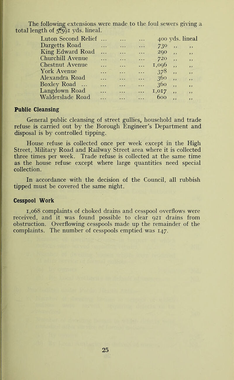 The followii^ extensions were made to the foul sewers giving a total length of 5'f^i yds. lineal. Luton Second Relief Dargetts Road King Edward Road Churchill Avenue Chestnut Avenue York Avenue Alexandra Road Boxley Road ... Langdown Road Walderslade Road 400 3'ds. lineal 730 ,, 290 ,, 720 ,, 1,096 ,, 378 .. 360 ,, 360 ,, 1,017 ,, 600 ,, Public Cleansing General public cleansing of street gullies, household and trade refuse is carried out by the Borough Engineer’s Department and disposal is by controlled tipping. House refuse is collected once per week except in the High Street, Military Road and Railway Street area where it is collected three times per week. Trade refuse is collected at the same time as the house refuse except where large quantities need special collection. In accordance with the decision of the Council, all rubbish tipped must be covered the same night. Cesspool Work 1,068 complaints of choked drains and cesspool overflows were received, and it was found possible to clear 921 drains from obstruction. Overflowing cesspools made up the remainder of the complaints. The number of cesspools emptied was 147.