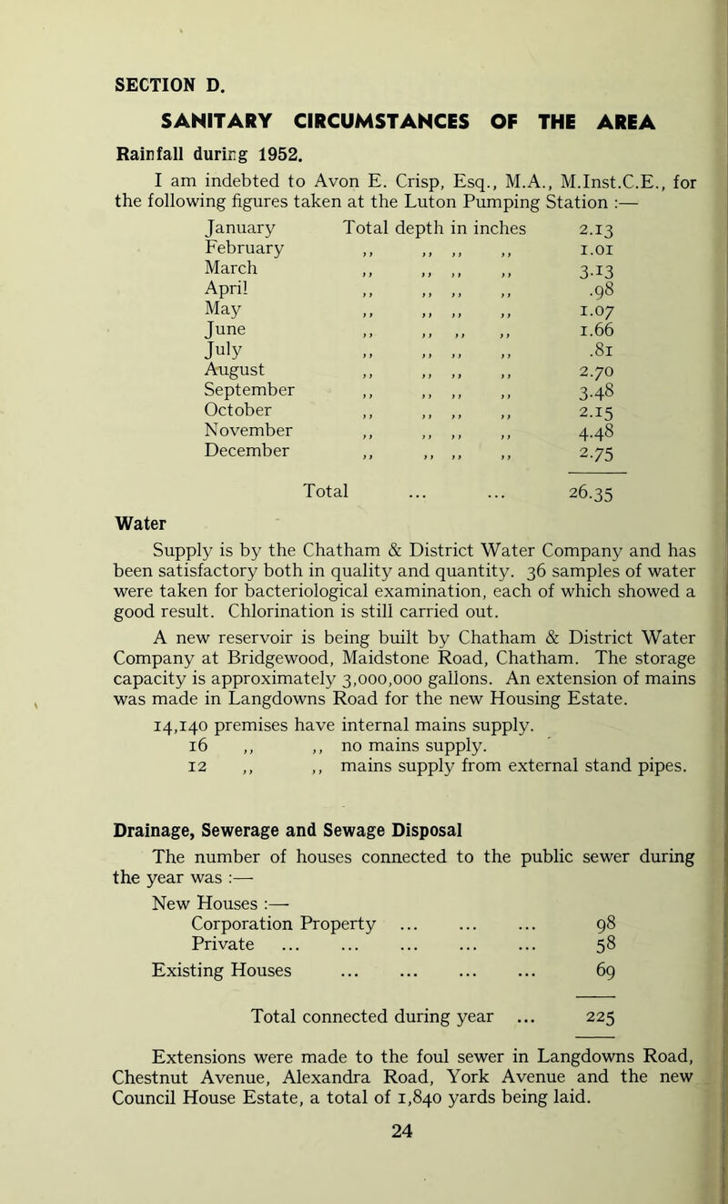 SANITARY CIRCUMSTANCES OF THE AREA Rainfall during 1952. I am indebted to Avon E. Crisp, Esq., M.A., M.Inst.C.E., for the following figures taken at the Luton Pumping Station :— January Total depth in inches 2.13 February f > t i it > > 1.01 March > f > > > ) t > 313 April } > > > t > it .98 May f f >) it it 1.07 June ) } t t it 11 1.66 July } > t t It 11 .81 August > > It It t i 2.70 September } > 1 > it it 348 October i i it It It 2.15 November > i It It it 4.48 December } i it It tt 2.75 Total ... ... 26.35 Water Supply is by the Chatham & District Water Company and has been satisfactory both in quality and quantity. 36 samples of water were taken for bacteriological examination, each of which showed a good result. Chlorination is still carried out. A new reservoir is being built by Chatham & District Water Company at Bridgewood, Maidstone Road, Chatham. The storage capacity is approximately 3,000,000 gallons. An extension of mains was made in Langdowns Road for the new Housing Estate. 14,140 premises have internal mains supply. 16 ,, ,, no mains supply. 12 ,, ,, mains supply from external stand pipes. Drainage, Sewerage and Sewage Disposal The number of houses connected to the public sewer during the year was ;— New Houses ;— Corporation Property ... ... ... 98 Private ... ... 58 Existing Houses 69 Total connected during year ... 225 Extensions were made to the foul sewer in Langdowns Road, Chestnut Avenue, Alexandra Road, York Avenue and the new Council House Estate, a total of 1,840 yards being laid.