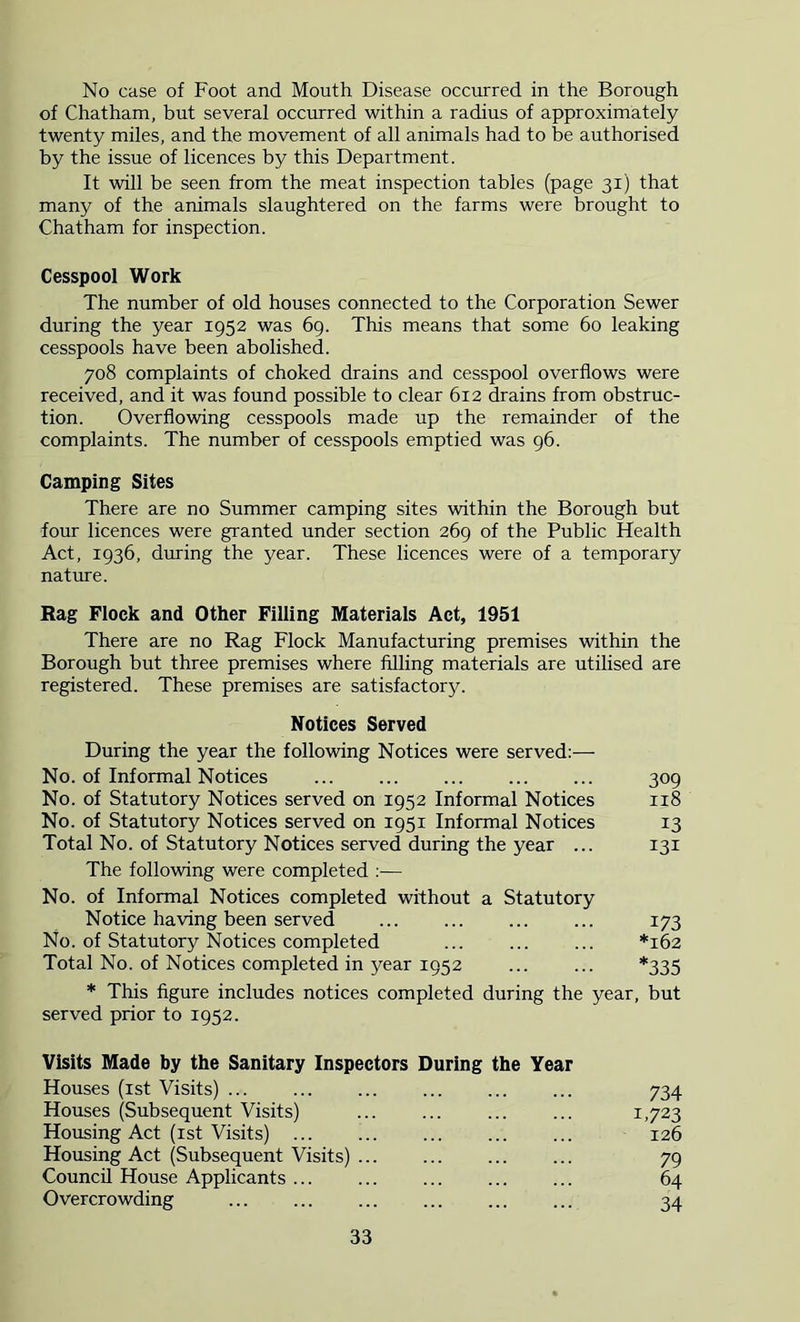 No case of Foot and Mouth Disease occurred in the Borough of Chatham, but several occurred within a radius of approximately twenty miles, and the movement of all animals had to be authorised by the issue of licences by this Department. It will be seen from the meat inspection tables (page 31) that many of the animals slaughtered on the farms were brought to Chatham for inspection. Cesspool Work The number of old houses connected to the Corporation Sewer during the year 1952 was 69. This means that some 60 leaking cesspools have been abolished. 708 complaints of choked drains and cesspool overflows were received, and it was found possible to clear 612 drains from obstruc- tion. Overflowing cesspools made up the remainder of the complaints. The number of cesspools emptied was 96. Camping Sites There are no Summer camping sites within the Borough but four licences were granted under section 269 of the Public Health Act, 1936, during the year. These licences were of a temporary nature. Rag Flock and Other Filling Materials Act, 1951 There are no Rag Flock Manufacturing premises within the Borough but three premises where filling materials are utilised are registered. These premises are satisfactory. Notices Served During the year the following Notices were served:— No. of Informal Notices 309 No. of Statutory Notices served on 1952 Informal Notices 118 No. of Statutory Notices served on 1951 Informal Notices 13 Total No. of Statutory Notices served during the year ... 131 The following were completed ;— No. of Informal Notices completed without a Statutory Notice having been served ... ... 173 No. of Statutory Notices completed ... ... ... *162 Total No. of Notices completed in year 1952 ... ... *335 * This figure includes notices completed during the year, but served prior to 1952. Visits Made by the Sanitary Inspectors During the Year Houses (ist Visits) ... ... ... ... 734 Houses (Subsequent Visits) ... ... ... ... 1,723 Housing Act (ist Visits) 126 Housing Act (Subsequent Visits) ... ... 79 Council House Applicants ... ... 64 Overcrowding ... ... 34