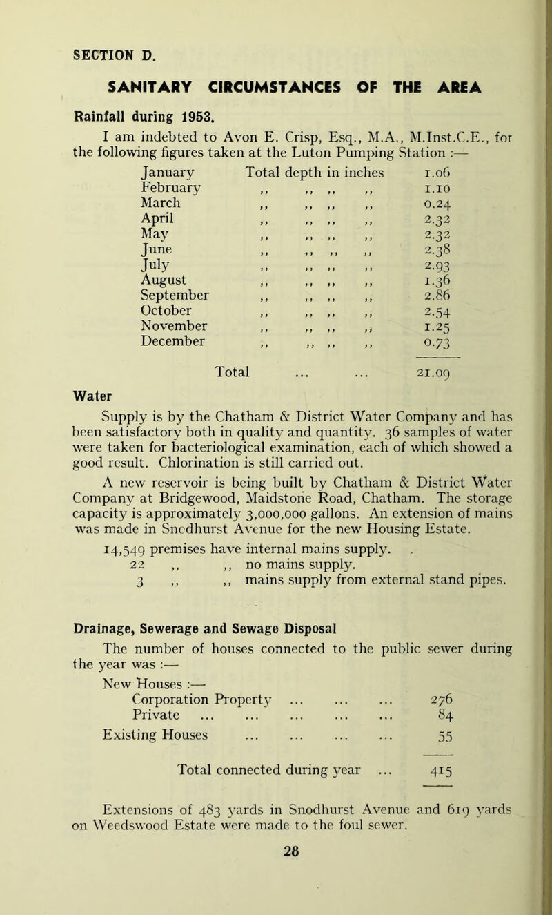 SANITARY CIRCUMSTANCES OF THE AREA Rainfall during 1953. I am indebted to Avon E. Crisp, Esq., M.A., M.Inst.C.E., for the following figures taken at the Luton Pumping Station ;— January Total depth in inches 1.06 February t * »> 11 f t 1.10 March » > t f ft t t 0.24 April } } ft ft t r 2.32 May 11 t f ft 11 2.32 June f t ft ft 11 2.38 July » t t f ft 11 2.93 August t t ft ft 11 1.36 September t f ft ft t > 2.86 October f t ft ft t f 2-54 November i t t f t f t / I.25 December t t Total ft ft 11 0.73 21.09 Water Supply is by the Chatham & District Water Company and has been satisfactory both in quality and quantitj^ 36 samples of water were taken for bacteriological examination, each of which showed a good result. Chlorination is still carried out. A new reservoir is being built by Chatham & District Water Company at Bridgewood, Maidstone Road, Chatham. The storage capacity is approximately 3,000,000 gallons. An extension of mains was made in Sncdhurst Avenue for the new Housing Estate. 14,549 premises have internal mains supply. 22 ,, ,, no mains supply. 3 ,, ,, mains supply from external stand pipes. Drainage, Sewerage and Sewage Disposal The number of hou.ses connected to the public sewer during the year was :— New Houses :— Corporation Property ... ... ... 276 Private ... ... ... 84 Existing Houses ... ... 55 Total connected during j^car ... 415 Extensions of 483 yards in Suodhurst Avenue and 6ig j^ards on Weedswood Estate were made to the foul sewer.