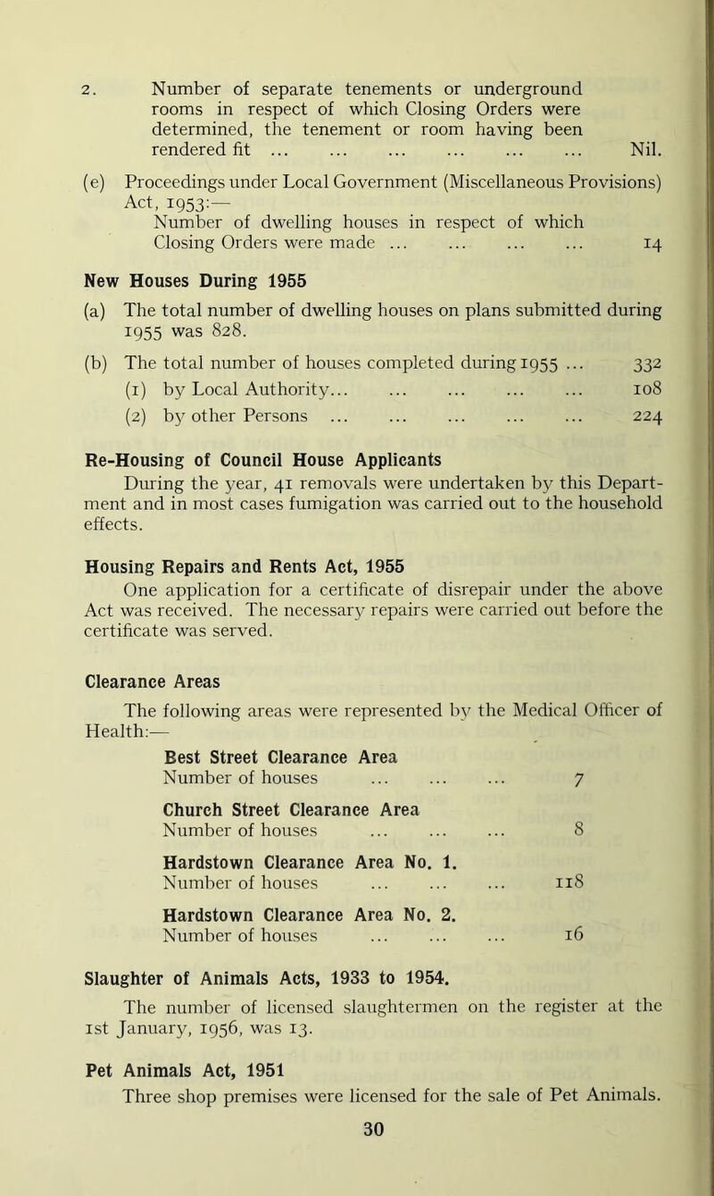 2. Number of separate tenements or underground rooms in respect of which Closing Orders were determined, the tenement or room having been rendered fit ... ... ... ... ... ... Nil. (e) Proceedings under Local Government (Miscellaneous Provisions) Act, 1953:— Number of dwelling houses in respect of which Closing Orders were made ... ... ... ... 14 New Houses During 1955 (a) The total number of dwelling houses on plans submitted during 1955 was 828. (b) The total number of houses completed during 1955 ... 332 (1) by Local Authority... ... ... ... ... 108 (2) by other Persons ... ... ... ... ... 224 Re-Housing of Council House Applicants During the year, 41 removals were undertaken by this Depart- ment and in most cases fumigation was carried out to the household effects. Housing Repairs and Rents Act, 1955 One application for a certificate of disrepair under the above Act was received. The necessary repairs were carried out before the certificate was served. Clearance Areas The following areas were represented by the Medical Officer of Health;— Best Street Clearance Area Number of houses ... ... ... 7 Church Street Clearance Area Number of houses ... 8 Hardstown Clearance Area No. 1. Number of houses ... ... ... 118 Hardstown Clearance Area No. 2. Number of houses ... ... ... 16 Slaughter of Animals Acts, 1933 to 1954. The number of licensed slaughtermen on the register at the 1st January, 1956, was 13. Pet Animals Act, 1951 Three shop premises were licensed for the sale of Pet Animals.