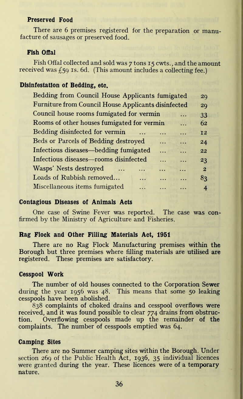 Preserved Food There are 6 premises registered for the preparation or manu- facture of sausages or preserved food. Fish Offal Fish Offal collected and sold was 7 tons 15 cwts., and the amount received was £59 is. 6d. (This amount includes a collecting fee.) Disinfestation of Bedding, etc. Bedding from Council House Applicants fumigated 29 Furniture from Council House Applicants disinfected 29 Council house rooms fumigated for vermin ... 33 Rooms of other houses fumigated for vermin ... 62 Bedding disinfected for vermin ... 12 Beds or Parcels of Bedding destroyed ... ... 24 Infectious diseases—bedding fumigated ... ... 22 Infectious diseases—rooms disinfected ... ... 23 Wasps’ Nests destroyed 2 Loads of Rubbish removed... ... 83 Miscellaneous items fumigated ... ... ... 4 Contagious Diseases of Animals Acts One case of Swine Fever was reported. The case was con- firmed by the Ministry of Agriculture and Fisheries. Rag Flock and Other Filling Materials Act, 1951 There are no Rag Flock Manufacturing premises within the Borough but three premises where filling materials are utilised are registered. These premises are satisfactory. Cesspool Work The number of old houses connected to the Corporation Sewer during the year 1956 was 48. This means that some 50 leaking cesspools have been abolished. 838 complaints of choked drains and cesspool overflows were received, and it was found possible to clear 774 drains from obstruc- tion. Overflowing cesspools made up the remainder of the complaints. The number of cesspools emptied was 64. Camping Sites There are no Summer camping sites within the Borough. Under section 269 of the Public Health Act, 1936, 35 individual licences were granted during the year. These licences were of a temporary nature.