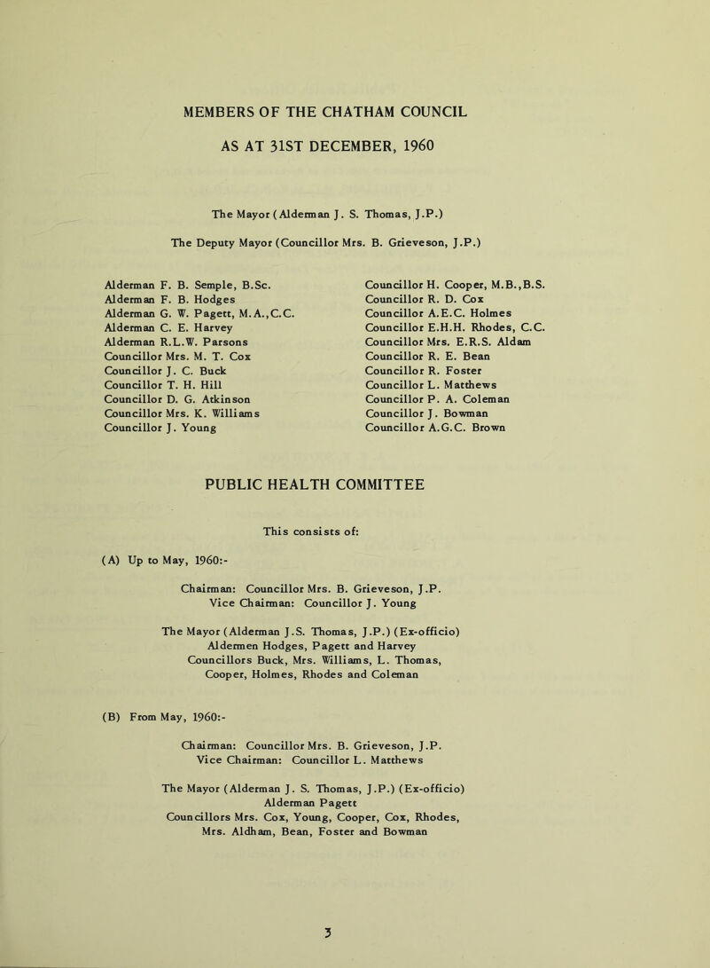 MEMBERS OF THE CHATHAM COUNCIL AS AT 31ST DECEMBER, I960 The Mayor (Alderman J. S. Thomas, J.P.) The Deputy Mayor (Councillor Mrs. B. Grieveson, J.P.) Alderman F. B. Semple, B.Sc. Alderman F. B. Hodges Alderman G. W. Pagett, M.A.,C.C. Alderman C. E. Harvey Alderman R.L.W. Parsons Councillor Mrs. M. T. Cox Councillor). C. Buck Councillor T. H. Hill Councillor D. G. Atkinson Councillor Mrs. K. Williams Councillor J. Young Councillor H. Cooper, M.B.,B.S. Councillor R. D. Cox Councillor A.E.C. Holmes Councillor E.H.H. Rhodes, C.C. Councillor Mrs. E.R.S. Aldam Councillor R. E. Bean Councillor R. Foster Councillor L. Matthews Councillor P. A. Coleman Councillor). Bowman Councillor A.G.C. Brown PUBLIC HEALTH COMMITTEE This consists of: (A) Up to May, 1960:- Chairman: Councillor Mrs. B. Grieveson, J.P. Vice Chairman: Councillor J. Young The Mayor (Alderman J.S. Thomas, J.P.) (Ex-officio) Aldermen Hodges, Pagett and Harvey Councillors Buck, Mrs. Williams, L. Thomas, Cooper, Holmes, Rhodes and Coleman (B) From May, I96O:- Chairman: Councillor Mrs. B. Grieveson, J.P. Vice Chairman: Councillor L. Matthews The Mayor (Alderman J. S. Thomas, J.P.) (Ex-officio) Alderman Pagett Councillors Mrs. Cox, Young, Cooper, Cox, Rhodes, Mrs. Aldham, Bean, Foster and Bowman