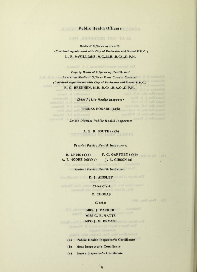 Public Health Officers Medical Officer of Health: (Combined appointment with City of Rochester and Strood R.D.C.) L. F. McWilliams, M.c.,M.B.,B.ch.,D.p.H. Deputy Medical Officer of Health and Assistant Medical Officer Kent County Council; (Combined appointment with City of Rochester and Strood R.D.C.) R. G. BRENNEN, M.B.,B.Ch.,B.A.O.,D.P.H. Chief Public Health Inspector THOMAS HOWARD (aXb) Senior District Public Health Inspector: A. E. R, SOUTH (a)(b) District Public Health Inspectors: B. LEWIS (aXb) F. C. GAFFNEY (aXb) A. J. MOORE (aXbXc) J. E. GIBSON (a) Student Public Health Inspector; D. J. AINSLEY Chief Clerk: O. THOMAS Clerks; MRS. J. PARKER MISS C. E, WATTS MISS J. M. BRYANT (a) Public Health Inspector’s Certificate (b) Meat Inspector’s Certificate (c) Smoke Inspector’s Certificate