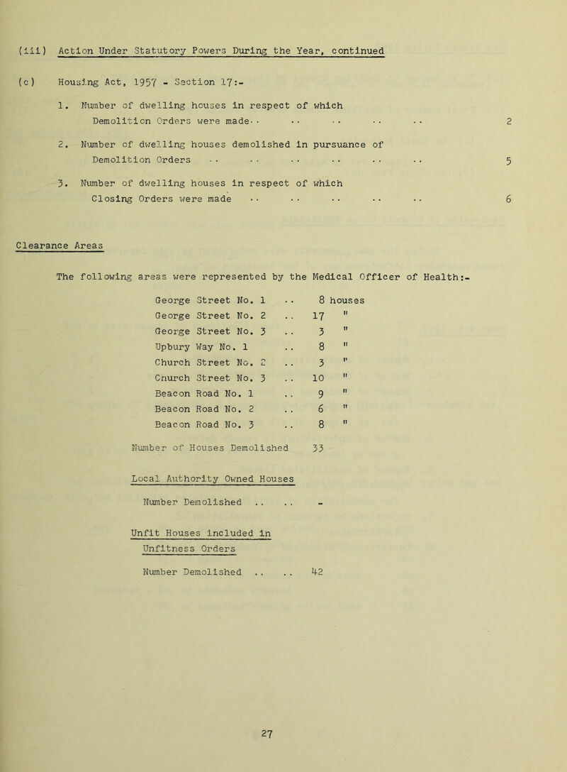 (c) Housing Act, 1957 - Section 17:- 1. NuTiber of dwelling ho^ises In respect of which Demolition Orders v^^ere made- • 2. Niamber of dwelling houses demolished In pursuance of Demolition Orders 3. Number of dwelling houses In respect of which Closing Orders x-zere made Clearance Areas The following areas v;ere represented by the Medical Officer of Health George Street No. 1 8 houses George Street No. 2 17 It George Street No. 3 3 tf Upbury Way No. 1 8 (1 Church Street No. c. 3 V Cnurch Street No. 3 10 II Beacon Road No. 1 9 fl Beacon Road No. 2 6 n Beacon Road No. 3 8 II Nwiber of Houses Demolished 33 Local Authority Owned Houses Number Demolished Unfit Houses included In Unfitness Orders Nxomber Demolished 42