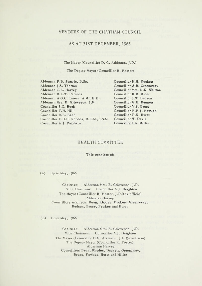 MEMBERS OF THE CHATHAM COUNCIL AS AT 31ST DECEMBER, 1966 The Mayor (Councillor D. G. Atkinson, J.P.) The Deputy Mayor (Councillor R. Foster) Alderman F.B. Semple, B.Sc. Alderman J.S. Thomas Alderman C.E. Harvey Alderman R.L.W. Parsons Alderman A.G.C. Brown, A.M.I.E.E. Alderman Mrs. B. Grieveson, J.P. Councillor J.C. Buck Councillor T.H. Hill Councillor R.E. Bean Councillor E.H.H. Rhodes, B.E.M., I.S.M. Councillor A.J. Deighton Councillor H.H. Duckett Councillor A.B. Greenaway Councillor Mrs. N.K. Whitton Councillor R.B. Rider Councillor J.W. Bedson Councillor G.E. Bennett Councillor V.S. Bruce Councillor E.P.J. Fewkes Councillor P.W. Hurst Councillor W. Davis Councillor I.A. Miller HEALTH COMMITTEE This consists of: (A) Up to May, 1966 Chairman: Alderman Mrs. B. Grieveson, J.P. Vice Chairman: Councillor A.J. Deighton The Mayor (Councillor R. Foster, J .P.)(ex-officio) Alderman Harvey Councillors Atkinson, Bean, Rhodes, Duckett, Greenaway, Bedson, Bruce, Fewkes and Hurst (B) From May, 1966 Chairman: Alderman Mrs. B. Grieveson, J.P. Vice Chairman: Councillor A.J. Deighton The Mayor (Councillor D.G. Atkinson, J.P.)(ex-officio) The Deputy Mayor (Councillor R. Foster) Alderman Harvey Councillors Bean, Rhodes, Duckett, Greenaway, Bruce, Fewkes, Hurst and Miller