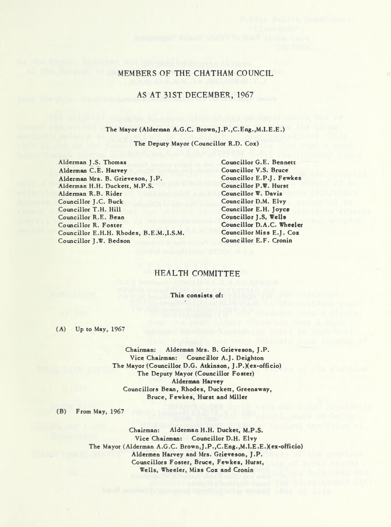 MEMBERS OF THE CHATHAM COUNCIL AS AT 31ST DECEMBER, 1967 The Mayor (Alderman A.G.C. Brown,J.P.,C.Eng.,M.I.E.E.) The Deputy Mayor (Councillor R.D. Cox) Alderman J.S. Thomas Councillor G.E. Bennett Alderman C.E. Harvey Councillor V.S. Bruce Alderman Mrs. B. Grieveson, J.P. Councillor E.P.J. Fewkes Alderman H.H. Duckett, M.P.S. Councillor P.W. Hurst Alderman R.B. Rider Councillor W. Davis Councillor J.C. Buck Councillor D.M. Elvy Councillor T.H. Hill Councillor E.H. Joyce Councillor R.E. Bean Councillor J.S, Wells Councillor R. Foster Councillor D.A.C. Wheeler Councillor E.H.H. Rhodes, B.E.M..I.S.M. Councillor Miss E.J. Cox Councillor J.W. Bedson Councillor E.F. Cronin HEALTH COMMITTEE This consists of: (A) Up to May, 1967 Chairman: Alderman Mrs. B. Grieveson, J.P. Vice Chairman: Councillor A.J. Deighton The Mayor (Councillor D.G. Atkinson, J .P.Xex-officio) The Deputy Mayor (Councillor Foster) Alderman Harvey Councillors Bean, Rhodes, Duckett, Greenaway, Bruce, Fewkes, Hurst and Miller (B) From May, 1967 Chairman: Alderman H.H. Ducket, M.P.S. Vice Chairman: Councillor D.H. Elvy The Mayor (Alderman A.G.C. Brown,J.P.,C.Eng.,M.I.E .E.Xe**officio) Aldermen Harvey and Mrs. Grieveson, J.P. Councillors Foster, Bruce, Fewkes, Hurst, Wells, Wheeler, Miss Cox and Cronin