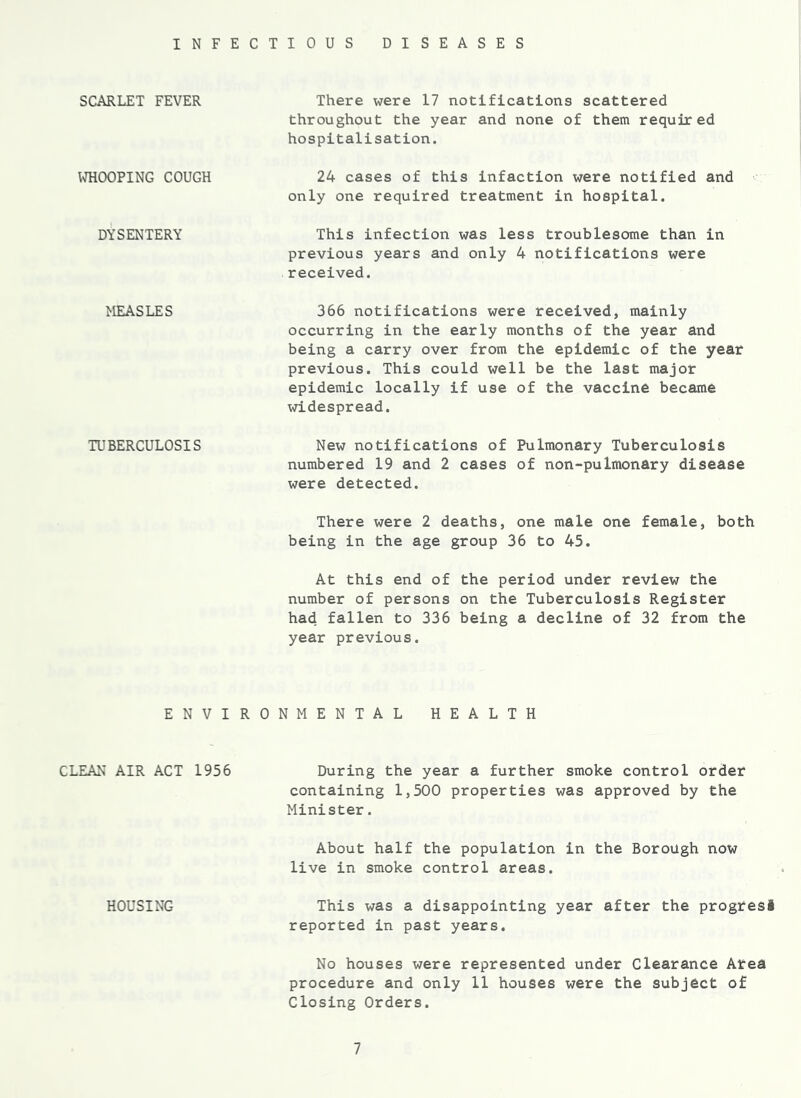 INFECTIOUS DISEASES SCARLET FEVER WHOOPING COUGH DYSENTERY MEASLES TUBERCULOSIS E N V I R CLEAN AIR ACT 1956 HOUSING There were 17 notifications scattered throughout the year and none of them required hospitalisation. 24 cases of this infaction were notified and only one required treatment in hospital. This infection was less troublesome than in previous years and only 4 notifications were received. 366 notifications were received, mainly occurring in the early months of the year and being a carry over from the epidemic of the year previous. This could well be the last major epidemic locally if use of the vaccine became widespread. New notifications of Pulmonary Tuberculosis numbered 19 and 2 cases of non-pulmonary disease were detected. There were 2 deaths, one male one female, both being in the age group 36 to 45. At this end of the period under review the number of persons on the Tuberculosis Register had fallen to 336 being a decline of 32 from the year previous. ONMENTAL HEALTH During the year a further smoke control order containing 1,500 properties was approved by the Minister. About half the population in the Borough now live in smoke control areas. This was a disappointing year after the progress reported in past years. No houses were represented under Clearance Atea procedure and only 11 houses were the subject of Closing Orders.