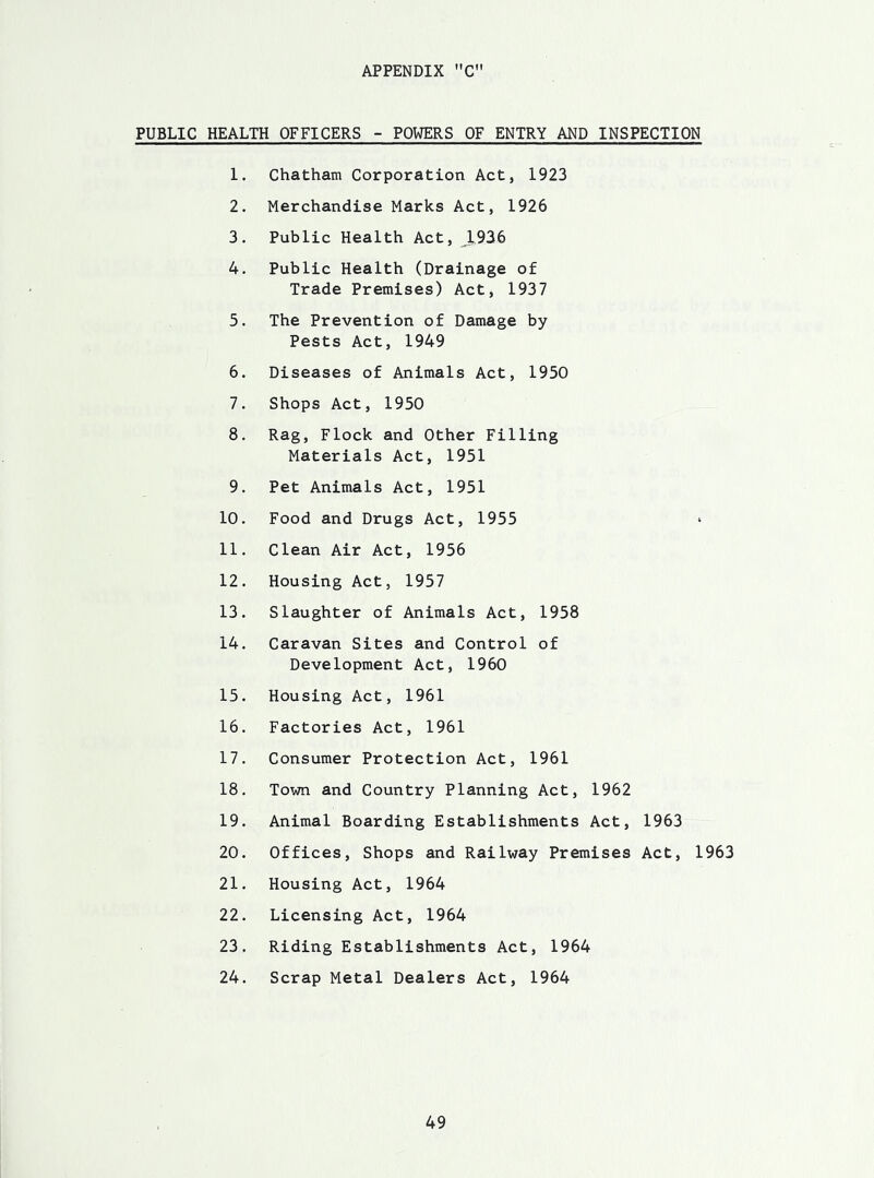 PUBLIC HEALTH OFFICERS - POWERS OF ENTRY AND INSPECTION 1. Chatham Corporation Act, 1923 2. Merchandise Marks Act, 1926 3. Public Health Act, 1936 4. Public Health (Drainage of Trade Premises) Act, 1937 5. The Prevention of Damage by Pests Act, 1949 6. Diseases of Animals Act, 1950 7. Shops Act, 1950 8. Rag, Flock and Other Filling Materials Act, 1951 9. Pet Animals Act, 1951 10. Food and Drugs Act, 1955 • 11. Clean Air Act, 1956 12. Housing Act, 1957 13. Slaughter of Animals Act, 1958 14. Caravan Sites and Control of Development Act, 1960 15. Housing Act, 1961 16. Factories Act, 1961 17. Consumer Protection Act, 1961 18. Town and Country Planning Act, 1962 19. Animal Boarding Establishments Act, 1963 20. Offices, Shops and Railway Premises Act, 1 21. Housing Act, 1964 22. Licensing Act, 1964 23. Riding Establishments Act, 1964 24. Scrap Metal Dealers Act, 1964