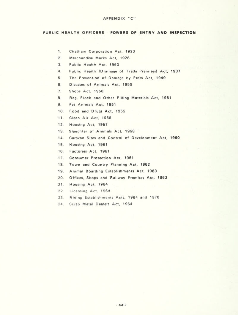 PUBLIC HEALTH OFFICERS POWERS OF ENTRY AND INSPECTION 1 Chatham Corporation Act, 1923 2 Merchandise Marks Act, 1926 3 PubSic Health Act, 1963 4 Public Health (Drainage of Trade Premises) Act, 1937 5 The Prevention of Damage by Pests Act, 1949 6 Diseases of Animals Act, 1950 7. Shops Act, 1950 8 Rag, Flock and Other Filling Materials Act, 1951 9 Pet Animals Act, 1951 10 Food and Drugs Act, 1955 11 Clean Air Act, 1956 12. Housing Act, 1957 13. Slaughter of Animals Act, 1958 14 Caravan Sites and Control of Development Act. 1960 15 Housing Act, 1961 16 Factories Act, 1961 17, Consumer Protection Act, 1961 18 Town and Country Planning Act, 1962 19 Animal Boarding Establishments Act, 1963 20 Offices, Shops and Railway Premises Act, 1963 21 Housing Act, 1964 22 Licensing Act 1964 23 Riding Establishments Acts, 1964 and 1970 24 Scrap Meta* Dealers Act, 1964