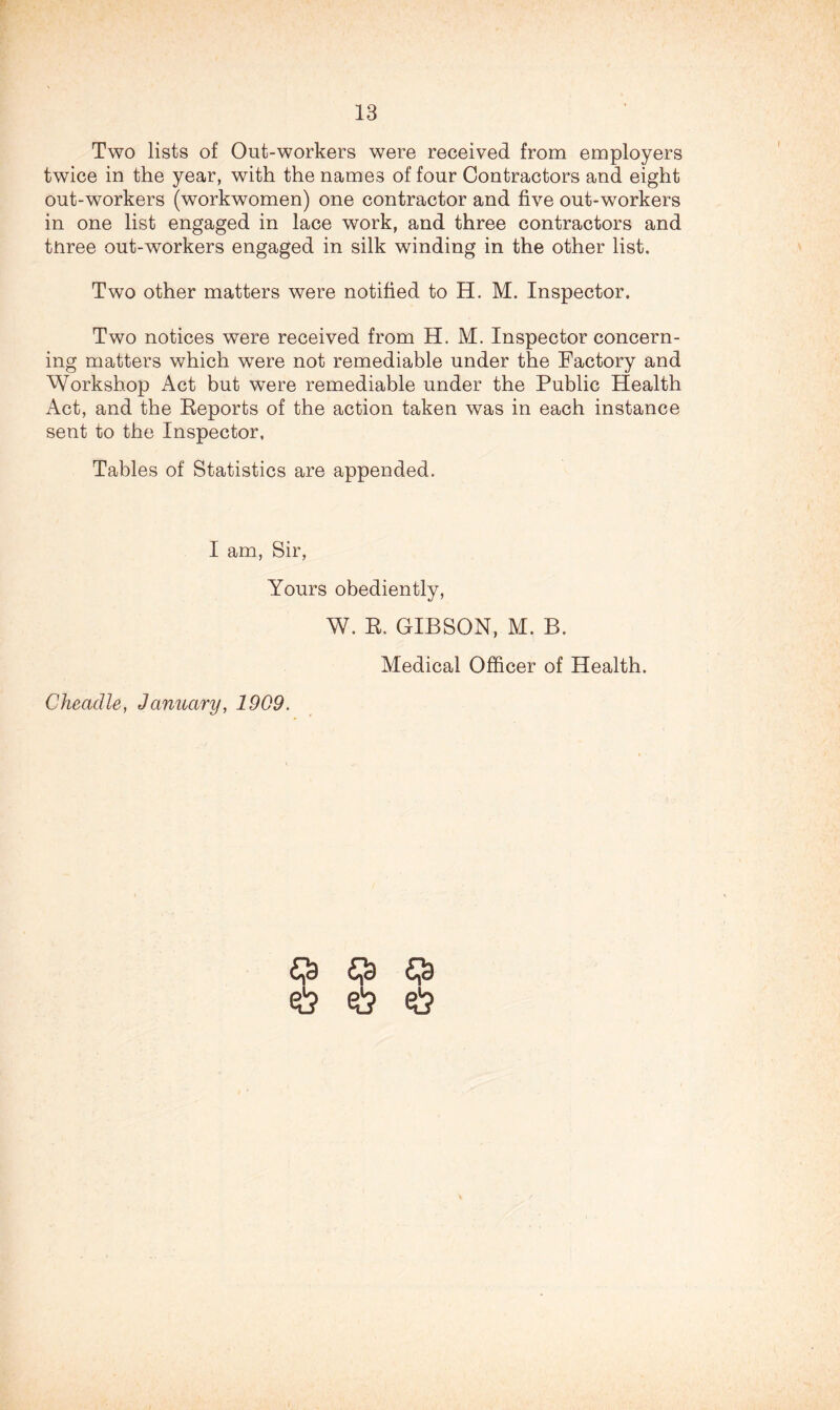 Two lists of Out-workers were received from employers twice in the year, with the names of four Contractors and eight out-workers (workwomen) one contractor and five out-workers in one list engaged in lace work, and three contractors and tnree out-workers engaged in silk winding in the other list. Two other matters were notified to H. M. Inspector. Two notices were received from H. M. Inspector concern- ing matters which were not remediable under the Factory and Workshop Act but were remediable under the Public Health Act, and the Eeports of the action taken was in each instance sent to the Inspector, Tables of Statistics are appended. I am. Sir, Yours obediently. W. E. GIBSON, M. B. Medical Officer of Health. Cheadle, January, 1909. 6 ^ ^