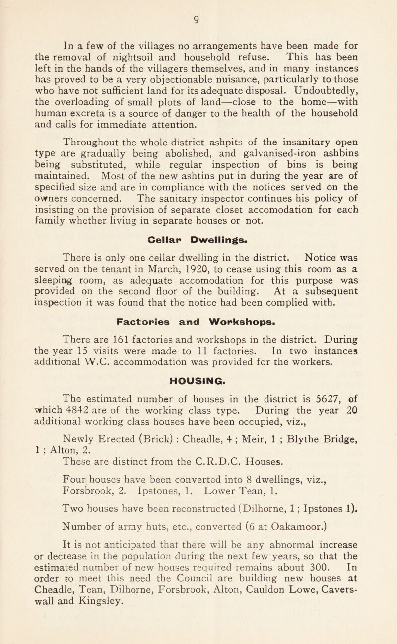 In a few of the villages no arrangements have been made for the removal of nightsoil and household refuse. This has been left in the hands of the villagers themselves, and in many instances has proved to be a very objectionable nuisance, particularly to those who have not sufficient land for its adequate disposal. Undoubtedly, the overloading of small plots of land—close to the home—with human excreta is a source of danger to the health of the household and calls for immediate attention. Throughout the whole district ashpits of the insanitary open type are gradually being abolished, and galvanised-iron ashbins being substituted, while regular inspection of bins is being maintained. Most of the new ashtins put in during the year are of specified size and are in compliance with the notices served on the owners concerned. The sanitary inspector continues his policy of insisting on the provision of separate closet accomodation for each family whether living in separate houses or not. Cellar Dwellings. There is only one cellar dwelling in the district. Notice was served on the tenant in March, 1920, to cease using this room as a sleeping room, as adequate accomodation for this purpose was provided on the second floor of the building. At a subsequent inspection it was found that the notice had been complied with. Factories and Workshops. There are 161 factories and workshops in the district. During the year 15 visits were made to 11 factories. In two instances additional W.C. accommodation was provided for the workers. HOUSING. The estimated number of houses in the district is 5627, of which 4842 are of the working class type. During the year 20 additional working class houses have been occupied, viz., Newly Erected (Brick) : Cheadle, 4 ; Meir, 1 ; Blythe Bridge, 1 ; Alton, 2. These are distinct from the C.R.D.C. Houses. Four houses have been converted into 8 dwellings, viz., Forsbrook, 2. Ipstones, 1. Lower Tean, 1. Two houses have been reconstructed (Dilhorne, 1; Ipstones l). Number of army huts, etc., converted (6 at Oakamoor.) It is not anticipated that there will be any abnormal increase or decrease in the population during the next few years, so that the estimated number of new houses required remains about 300. In order to meet this need the Council are building new houses at Cheadle, Tean, Dilhorne, Forsbrook, Alton, Cauldon Lowe, Cavers- wall and Kingsley.
