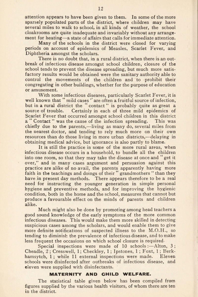 attention appears to have been given to them. In some of the more sparsely populated parts of the district, where children may have several miles to walk to school, in all kinds of weather, the school cloakrooms are quite inadequate and invariably without any arrange- ment for heating—a state of affairs that calls for immediate attention. Many of the schools in the district were closed for varying periods on account of epidemics of Measles, Scarlet Fever, and Diphtheria amongst the scholars. There is no doubt that, in a rural district, when there is an out- break of infectious disease amongst school children, closure of the school tends to prevent the disease spreading, but much more satis- factory results would be obtained were the sanitary authority able to control the movements of the children and to prohibit their congregating in other buildings, whether for the purpose of education or amusement. With some infectious diseases, particularly Scarlet Fever, it is well known that “ mild cases ’’ are often a fruitful source of infection, but in a rural district the “ contact ” is probably quite as great a source of trouble. Certainly in each of three mild epidemics of Scarlet Fever that occurred amongst school children in this district a Contact ” was the cause of the infection spreading. This was chiefly due to the parents,—living as many do, several miles from the nearest doctor, and tending to rely much more on their own resources than do those living in more urban districts,—delaying in obtaining medical advice, but ignorance is also partly to blame. It is still the practice in some of the more rural areas, when infectious disease occurs in a household, to bundle all the children into one room, so that they may take the disease at once and “ get it over,” and in many cases argument and persuasion against this practice are alike of no avail, the parents apparently having more faith in the teachings and doings of their “ grandmothers ” than they have in present day methods. There appears therefore to be a real need for instructing the younger generation in simple personal hygiene and preventive methods, and for improving the hygienic condition, both in the home and the school, measures that cannot but produce a favourable effect on the minds of parents and children alike. Much might also be done by promoting among head teachers a good sound knowledge of the early symptoms of the more common infectious diseases. This would make them more skilled in detecting suspicious cases among the scholars, and would enable them to give more definite notifications of suspected illness to the M.O.H., so tending to diminish the prevalence of infectious disease, and to make less frequent the occasions on which school closure is required- Special inspections were made of 10 schools :—Alton, 3 ; Cheadle, 2 ; Cresswell, 1; Checkley, 1 ; Ipstones, 1 ; Foxt, 1 ; Berk- hamsytch, 1 ; while 11 external inspections were made. Eleven schools were disinfected after outbreaks of infectious disease, and eleven were supplied with disinfectants. MATERNITY AND CHILD WELFARE. The statistical table given below has been compiled from figures supplied by the various health visitors, of whom there are ten in the district.