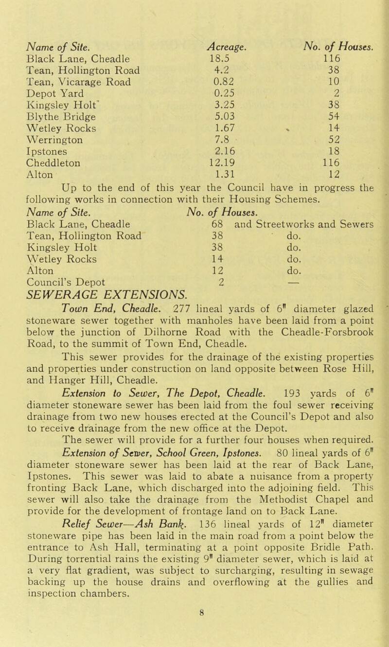 Black Lane, Cheadle 18.5 116 Tean, Hollington Road 4.2 38 Tean, Vicarage Road 0.82 10 Depot Yard 0.25 2 Kingsley Holt' 3.25 38 Blythe Bridge 5.03 54 Wetley Rocks 1.67 14 Werrington 7.8 52 Ipstones 2.16 18 Cheddleton 12.19 116 Alton 1.31 12 Up to the end of this year the Council have in progress the following works in connection with their Housing Schemes. Name of Site. Black Lane, Cheadle No. of Houses. 68 and Streetworks and Sewers Tean, Hollington Road 38 do. Kingsley Holt 38 do. Wetley Rocks 14 do. Alton 12 do. Council’s Depot 2 — SEWERAGE EXTENSIONS. Town End, Cheadle. 277 lineal yards of 6 diameter glazed stoneware sewer together with manholes have been laid from a point below the junction of Dilhorne Road with the Cheadle-Forsbrook Road, to the summit of Town End, Cheadle. This sewer provides for the drainage of the existing properties and properties under construction on land opposite between Rose Hill, and Hanger Hill, Cheadle. Extension to Sewer, The Depot, Cheadle. 193 yards of 6 diameter stoneware sewer has been laid from the foul sewer receiving drainage from two new houses erected at the Council’s Depot and also to receive drainage from the new office at the Depot. The sewer will provide for a further four houses when required. Extension of Server, School Green, Ipstones. 80 lineal yards of 6 diameter stoneware sewer has been laid at the rear of Back Lane, Ipstones. This sewer was laid to abate a nuisance from a property fronting Back Lane, which discharged into the adjoining field. This sewer will also take the drainage from the Methodist Chapel and provide for the development of frontage land on to Back Lane. Relief Sewer—Ash Banl^. 136 lineal yards of 12 diameter stoneware pipe has been laid in the main road from a point below the entrance to Ash Hall, terminating at a point opposite Bridle Path. During torrential rains the existing 9 diameter sewer, which is laid at a very flat gradient, was subject to surcharging, resulting in sewage backing up the house drains and overflowing at the gullies and inspection chambers.