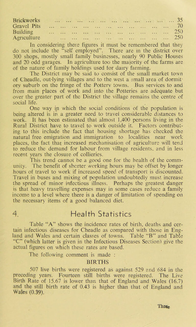 Brickworks Gravel Pits Building Agriculture . 35 70 250 250 In considering these figures it must be remembered that they do not include the “self employed”. There are in the district over 300 shops, mostly small family businesses, nearly 90 Public Houses and 20 odd garages. In agriculture too the majority of the farms are of the nature of family holdings used tor dairy farming. The District may be said to consist of the small market town of Cheadle, out-lying villages and to the west a small area of dormit- ory suburb on the fringe of the Pottery towns. Bus services to and from main places of work and into the Potteries are adequate but over the greater part of the District the village remains the centre of social life. One way m which the social conditions of the population is being altered is in. a greater need to travel considerable distances to work. It has been estimated that almost 1,400 persons living in the Rural District have to travel to work outside it. Factors contribut- ing to this include the fact that housing shortage has checked the natural free emigration and immigration to localities near work places, the fact that increased mechanisation of agriculture will tend to reduce the demand for labour from village residents, and in less recent years the closure of collieries. This trend cannot be a good one for the health of the comm- unity. The benefit of shorter working hours may be offset by longer hours of travel to work if increased speed of transport is discounted. Travel in buses and mixing of population undoubtedly must increase the spread of minor infectious illness. Perhaps the greatest danger is that heavy travelling expenses may in some cases reduce a family income to a level where there is a danger of limitation of spending on the necessary items of a good balanced diet. Health Statistics 4. Table “A” shows the incidence rates of birth, deaths and cer- tain infectious diseases for Cheadle as compared with those in Eng- land and Wales and certain classes of towns. Table “B” and Table “C” (which latter is given in the Infectious Diseases Section) give the actual figures on which these rates are based. The following comment is made : BIRTHS 507 live births were registered as against 529 and 684 in the preceding years. Fourteen still births were registered. The Live Birth Rate of 15.67 is lower than that of England and Wales (16.7) and the still birth rate of 0.43 is higher than that of England and Wales (0.39). Three