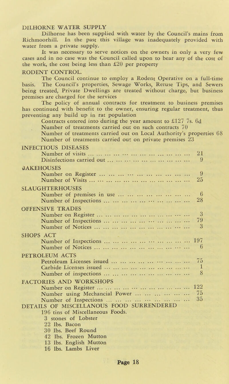 DILHORNE WATER SUPPLY Dilhorne has been supplied with water by the Council’s mains from Richmoorhill. In the past this village was inadequately provided with water from a private supply. It was necessary to serve notices on the owners in only a very few cases and in no case was the Council called upon to bear any of the cost of the work, the cost being less than £20 per property RODENT CONTROL. The Council continue to employ a Rodent Operative on a full-time basis. The Council’s properties, Sewage Works, Retuse Tips, and Sewers being treated, Private Dwellings are treated without charge, but business premises are charged for the services The policy of annual contracts for treatment to business premises has continued with benefit to the owner, ensuring regular treatment, thus preventing any build up in rat population Contracts entered into during the year amount to £127 7s. 6d Number of treatments carried out on such contracts 70 Number of treatments carried out on Local Authority’s properties (38 Number of treatments carried out on private premises 23 INFECTIOUS DISEASES Number of visits 21 Disinfections carried out 9 BAKEHOUSES Number on Register 9 Number of Visits 25 SLAUGHTERHOUSES Number of premises in use 6 Number of Inspections 28 OFFENSIVE TRADES Number on Register 3 Number of Inspections 79 Number of Notices 3 SHOPS ACT Number of Inspections 197 Number of Notices (3 PETROLEUM ACTS Petroleum Licenses issued 75 Carbide Licenses issued 1 Number of inspections 8 FACTORIES AND WORKSHOPS Number on Register 122 Number using Mechancial Power 75 Number of Inspections 35 DETAILS OF MISCELLANOUS FOOD SURRENDERED 196 tins of Miscellaneous Foods. 3 stones of Lobster 22 lbs. Bacon 30 lbs. Beef Round 42 lbs. Frozen Mutton 13 lbs. English Mutton 16 lbs. Lambs Liver