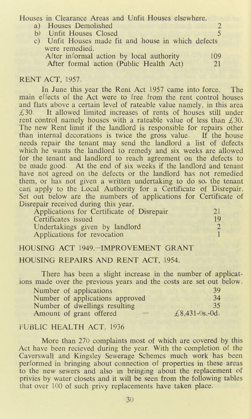 Houses in Clearance Areas and Unfit Houses elsewhere. a) Houses Demolished 2 b) Unfit Houses Closed 5 c) Unfit Houses made fit and house in which defects were remedied. After informal action by local authority 109 After formal action (Public Health Act) 21 RENT ACT, 1957. In June this year the Rent Act 1957 came into force. The main effects of the Act were to free from the rent control houses and flats above a certain level of rateable value namely, in this area ;£^30. It allowed limited increases of rents of houses still under rent control namely houses with a rateable value of less than ;430. The new Rent limit if the landlord is responsible for repairs other than internal decorations is twice the gross value. If the house needs repair the tenant may send the landlord a list of defects which he wants the landlord to remedy and six weeks are allowed for the tenant and landlord to reach agreement on the defects to be made good. At the end of six weeks if the landlord and tenant have not agreed on the defects or the landlord has not remedied them, or has not given a written undertaking to do so, the tenant can) apply to the Local Authority for a Certificate of Disrepair. Set out below are the numbers of applications for Certificate of Disrepair received during this year. Apphcations for Certificate of Disrepair 21 Certificates issued 19 Undertakings given by landlord 2 Applications for revocation 1 HOUSING ACT 1949.-IMPROVEMENT GRANT HOUSING REPAIRS AND RENT ACT, 1954. There has been a slight increase in the number of applicat- ions made over the previous years and the costs are set out below. Number of applications 39 Number of applications approved 34 Number of dwellings resulting 35 Amount of grant offered — i^8,431-0s.-0d. PUBLIC HEALTH ACT, 1936 More than 270 complaints most of which are covered by this Act have been recieved during the year. With the completion of the Caverswall and Kingsley Sewerage Schemes much work has been performed in bringing about connection of properties in these areas to the new sewers and also m bringing about the replacement of privies by water closets and it will be seen from the following tables that over 100 of such privy replacements have taken place.