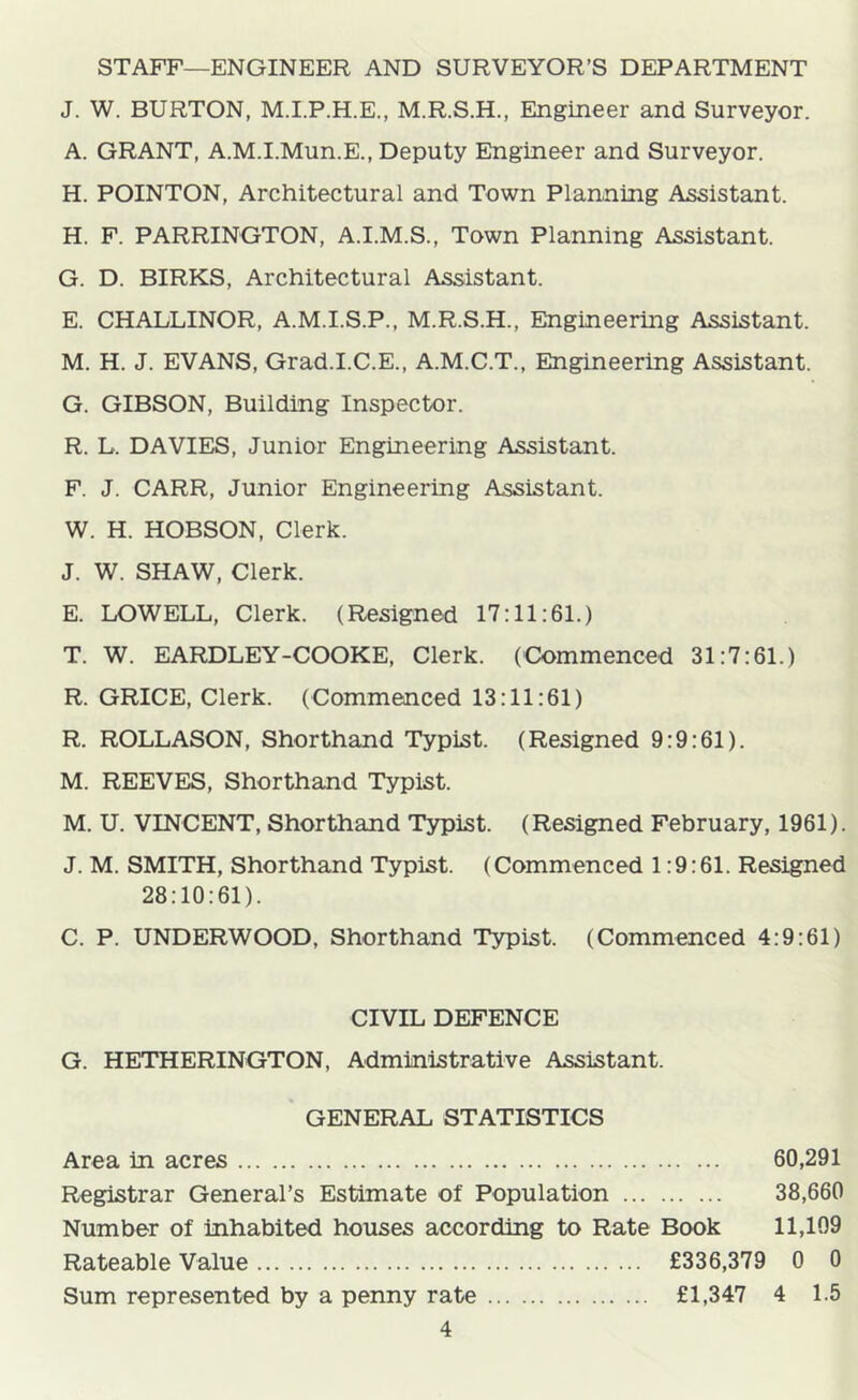 STAFF—ENGINEER AND SURVEYOR’S DEPARTMENT J. W. BURTON, M.I.P.H.E., M.R.S.H., Engineer and Surveyor. A. GRANT, A.M.I.Mun.E., Deputy Engineer and Surveyor. H. POINTON, Architectural and Town Planning Assistant. H. F. FARRINGTON, A.I.M.S., Town Planning Assistant. G. D. BIRKS, Architectural Assistant. E. CHALLINOR, A.M.I.S.P., M.R.S.H., Engineering Assistant. M. H. J. EVANS, Grad.I.C.E., A.M.C.T., Engineering Assistant. G. GIBSON, Building Inspector. R. L. DAVIEIS, Junior Engineering Assistant. F. J. CARR, Junior Engineering Assistant. W. H. HOBSON, Clerk. J. W. SHAW, Clerk. E. LOWELL, Clerk. (Resigned 17:11:61.) T. W. EARDLEY-COOKE, Clerk. (Commenced 31:7:61.) R. GRICE, Clerk. (Commenced 13:11:61) R. ROLLASON, Shorthand Typist. (Resigned 9:9:61). M. REEVES, Shorthand Typist. M. U. VINCENT, Shorthand Typist. (Resigned February, 1961). J. M. SMITH, Shorthand Typist. (Commenced 1:9:61. Resigned 28:10:61). C. P. UNDERWOOD, Shorthand 'Typist. (Commenced 4:9:61) CIVIL DEFENCE G. HETHERINGTON, Administrative Assistant. GENERAL STATISTICS Area in acres 60,291 Registrar General’s Estimate of Population 38,660 Number of inhabited houses according to Rate Book 11,109 Rateable Value £336,379 0 0 Sum represented by a penny rate £1,347 4 1.5