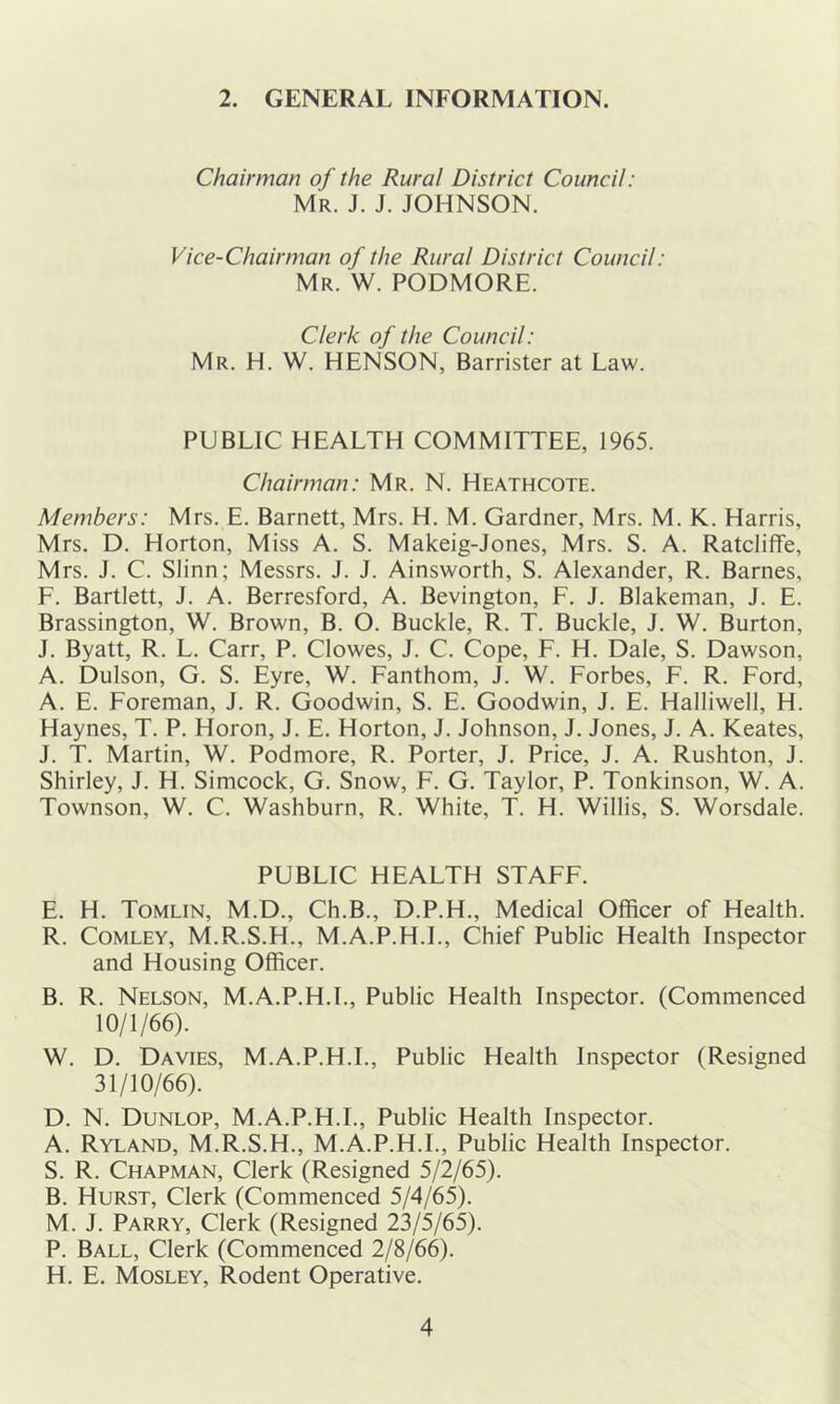 2. GENERAL INFORMATION. Chairman of the Rural District Council: Mr. J. J. JOHNSON. Vice-Chairman of the Rural District Council: Mr. W. PODMORE. Clerk of the Council: Mr. H. W. HENSON, Barrister at Law. PUBLIC HEALTH COMMITTEE, 1965. Chairman: Mr. N. Heathcote. Members: Mrs. E. Barnett, Mrs. H. M. Gardner, Mrs. M. K. Harris, Mrs. D. Horton, Miss A. S. Makeig-Jones, Mrs. S. A. Ratcliffe, Mrs. J. C. Slinn; Messrs. J. J. Ainsworth, S. Alexander, R. Barnes, F. Bartlett, J. A. Berresford, A. Bevington, F. J. Blakeman, J. E. Brassington, W. Brown, B. O. Buckle, R. T. Buckle, J. W. Burton, J. Byatt, R. L. Carr, P. Clowes, J. C. Cope, F. H. Dale, S. Dawson, A. Dulson, G. S. Eyre, W. Fanthom, J. W. Forbes, F. R. Ford, A. E. Foreman, J. R. Goodwin, S. E. Goodwin, J. E. Halliwell, H. Haynes, T. P. Horon, J. E. Horton, J. Johnson, J. Jones, J. A. Keates, J. T. Martin, W. Podmore, R. Porter, J. Price, J. A. Rushton, J. Shirley, J. H. Simcock, G. Snow, F. G. Taylor, P. Tonkinson, W. A. Townson, W. C. Washburn, R. White, T. H. Willis, S. Worsdale. PUBLIC HEALTH STAFF. E. H. Tomlin, M.D., Ch.B., D.P.H., Medical Officer of Health. R. CoMLEY, M.R.S.H., M.A.P.H.L, Chief Public Health Inspector and Housing Officer. B. R. Nelson, M.A.P.H.L, Public Health Inspector. (Commenced 10/1/66). W. D. Davies, M.A.P.H.L, Public Health Inspector (Resigned 31/10/66). D. N. Dunlop, M.A.P.H.L, Public Health Inspector. A. Ryland, M.R.S.H., M.A.P.H.L, Public Health Inspector. S. R. Chapman, Clerk (Resigned 5/2/65). B. Hurst, Clerk (Commenced 5/4/65). M. J. Parry, Clerk (Resigned 2^5/65). P. Ball, Clerk (Commenced 2/8/66). H. E. Mosley, Rodent Operative.