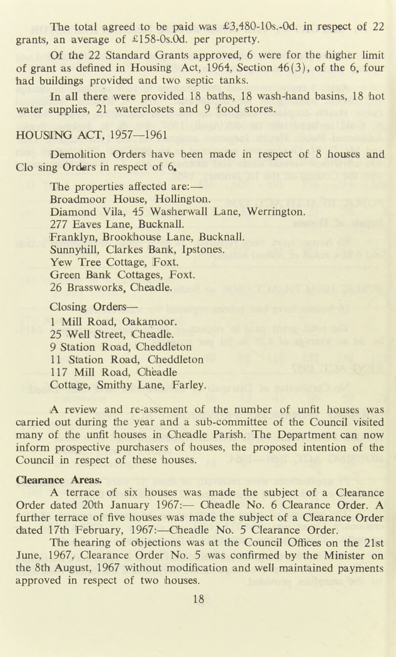 The total agreed to be paid was £3,'480-10s.-0d. in respect of 22 grants, an average of £158-Os.Od. per property. Of the 22 Standard Grants approved, 6 were for the higher limit of grant as defined in Housing Act, 1964, Section 46(3), of the 6, four had buildings provided and two septic tanks. In all there were provided 18 bathis, 18 wash-hand basins, 18 hot water supplies, 21 waterclosets and 9 food stores. HOUSING ACT, 1957—1961 Demolition Orders have been made in respect of 8 houses and Clo sing Orders in respect of 6. The properties affected are:— Broadmoor House, Hollington. Diamond Vila, 45 Washerwall Lane, Werrington. 277 Eaves Lane, Bucknall. Franklyn, Brookhouse Lane, Bucknall. Sunnyhill, Clarkes Bank, Ipstones. Yew Tree Cottage, Foxt. Green Bank Cottages, Foxt. 26 Brass works, Cheadle. Closing Orders— I Mill Road, Oakamoor. 25 Well Street, Cheadle. 9 Station Road, Cheddleton II Station Road, Cheddleton 117 Mill Road, Cheadle Cottage, Smithy Lane, Farley. A review and re-assement of the number of unfit houses was carried out during the year and a sub-committee of the Council visited many of the unfit houses in Cheadle Parish. The Department can now inform prospective purchasers of houses, the proposed intention of the Council in respect of these houses. Clearance Areas. A terrace of six houses was made the subject of a Clearance Order dated 20th January 1967:— Cheadle No. 6 Clearance Order. A further terrace of five houses was made the subject of a Clearance Order dated 17th February, 1967:—Cheadle No. 5 Clearance Order. The hearing of objections was at the Council Offices on the 21st June, 1967, Clearance Order No. 5 was confirmed by the Minister on the 8th August, 1967 without modification and well maintained payments approved in respect of two houses.