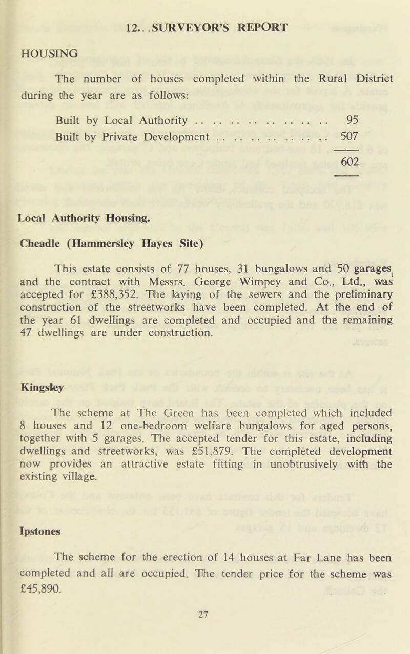 12.. SURVEYOR’S REPORT HOUSING The number of houses completed within the Rural District during the year are as follows: Built by Local Authority 95 Built by Private Development 507 602 Local Authority Housing. Cheadle (Hammersley Hayes Site) This estate consists of 77 houses, 31 bungalows and 50 garages^ and the contract with Messrs. George Wimpey and Co., Ltd., was accepted for £388,352. The laying of the sewers and the preliminary construction of the streetworks have been completed. At the end of the year 61 dwellings are completed and occupied and the remaining 47 dwellings are under construction. Kingsley The scheme at The Green has been completed w‘hich included 8 houses and 12 one-bedroom welfare bungalows for aged persons, together with 5 garages. The accepted tender for this estate, including dwellings and streetworks, was £51,879. The completed development now provides an attractive estate fitting in unobtrusively with the existing village. Ip.stones The scheme for the erection of 14 houses at Far Lane has been completed and all are occupied. The tender price for the scheme was £45,890.