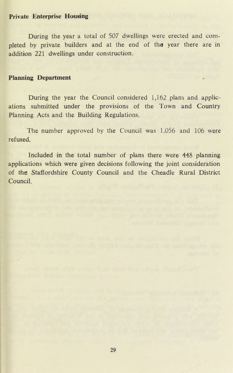 Private Enterprise Housing During the year a total of 507 dwellings were erected and com- pleted by private builders and at the end of thei year there are in addition 221 dwellings under construction. Planning Department During the year the Council considered 1,162 plans and applic- ations submitted under the provisions of the Town and Country Planning Acts and the Building Regulations. The number approved by the Council was 1,056 and 106 were refused. Included in the total number of plans there were 448 planning applications which were given decisions following the joint consideration of the Staffordshire County Council and the Cheadle Rural District Council.