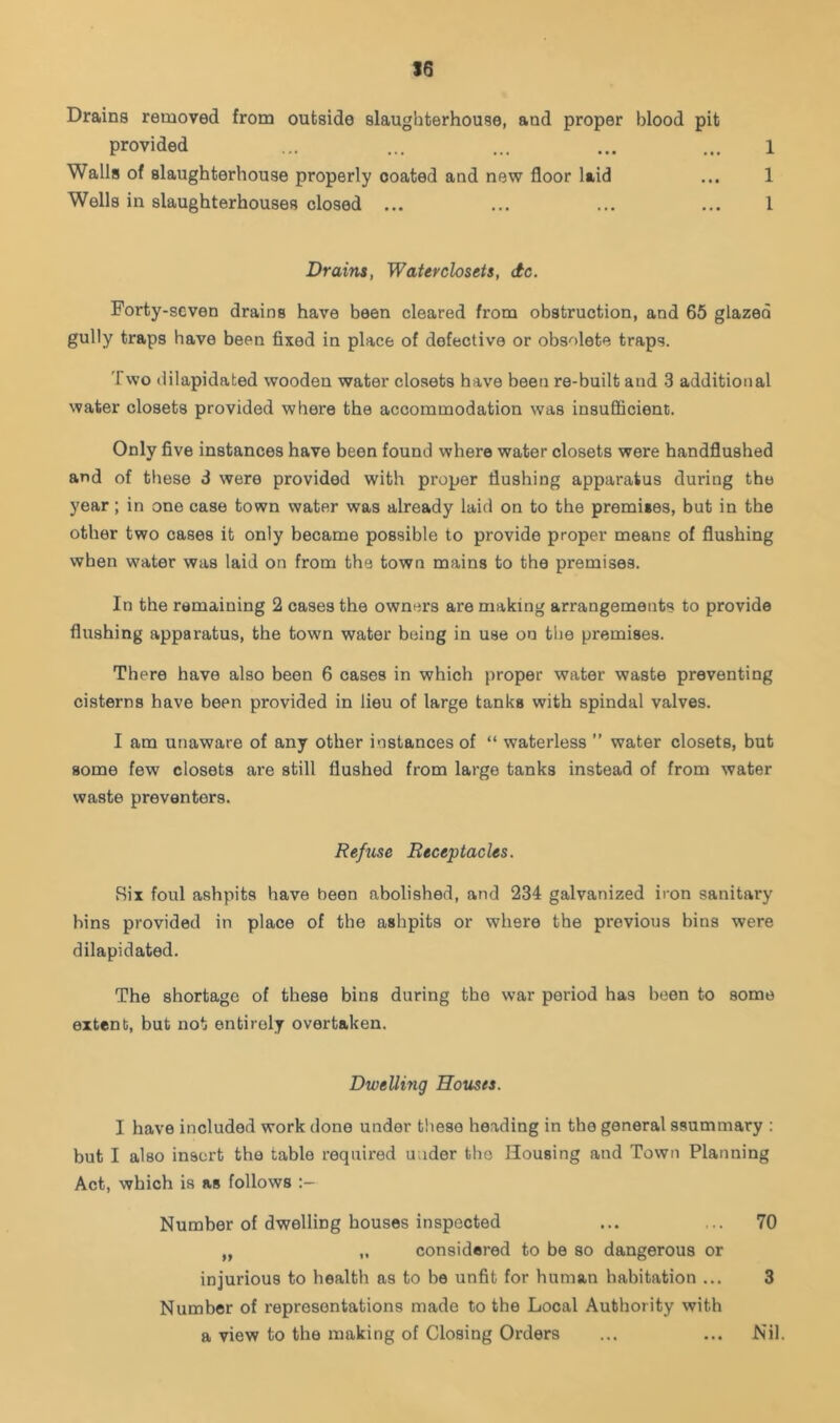 S6 Drains removed from outside slaughterhouse, and proper blood pit provided ... ... ... ... ... 1 Walls of slaughterhouse properly coated and new floor laid ... 1 Wells in slaughterhouses closed ... ... ... ... 1 Drains, Waterclosets, dc. Forty-seven drains have been cleared from obstruction, and 65 glazed gully traps have been fixed in place of defective or obsolete traps. Two dilapidated wooden water closets have been re-built and 3 additional water closets provided where the accommodation was insufificient. Only five instances have been found where water closets were handflushed and of these 3 were provided with proper flushing apparatus during the year; in one case town water was already laid on to the premises, but in the other two cases it only became possible to provide proper means of flushing when water was laid on from the town mains to the premises. In the remaining 2 cases the owners are making arrangements to provide flushing apparatus, the town water being in use on the premises. There have also been 6 cases in which proper water waste preventing cisterns have been provided in lieu of large tanks with spindal valves. I am unaware of any other instances of “ waterless ” water closets, but some few closets are still flushed from large tanks instead of from water waste preventers. Refuse Receptacles. Rix foul ashpits have been abolished, and 234 galvanized iron sanitary bins provided in place of the ashpits or where the previous bins were dilapidated. The shortage of these bins during the war period has been to some extent, but not entirely overtaken. Dwelling Houses. I have included work done under tliese heading in the general ssummary : but I also insert the table required under the Housing and Town Planning Act, which is as follows Number of dwelling houses inspected ... ... 70 „ „ considered to be so dangerous or injurious to health as to be unfit for human habitation ... 3 Number of representations made to the Local Authority with a view to the making of Closing Orders Nil.