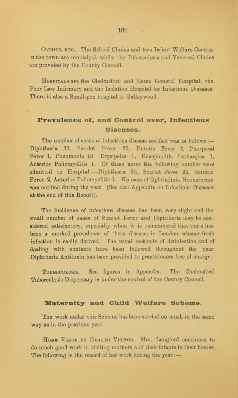 10^ CiiiNios, ETC. The School Clinics and two Infant Welfare Centres n the town are municipal, whilst the Tuberculosis and Venereal Clinics are provided by the County Council. Hospitals are the Chelmsford and Essex General Hospital, the Poor Law Infirmary and the Isolation Hospital for Infectious Diseases. There is also a Small-pox hospital at Galleywood. Prevalence of, and Control over, Infectious Diseases. The number of cases of infectious disease notified was as follows:— Diphtheria 38, Scarlet Fever 35, Enteric Fever 2, .Puerperal Fever 1, Pneumonia 10, Erysipelas 1, Encephalitis Lethargica 1, Anterior Poliomyelitis 1. Of these cases the following number were admitted to Hospital:—Diphtheria 30, Scarlet Fever 33, Enteric Fever 2, Anterior Poliomyelitis 1. No case of Ophthalmia Neonatorum was notified during the year. (See also Appendix on Infectious Diseases at the end of this Keport). The incidence of infectious disease has been very slight and the small number of cases of Scarlet Fever and Diphtheria may be con- sidered satisfactory, especially when it is remembered that there has been a marked prevalence of these diseases in London, whence fresh infection is easily derived. The usual methods of disinfection and of dealing with contacts have been followed throughout the year. Diphtheria Antitoxin has been provided to practitioners free of charge. Tubebculosis. See figures in Appendix. The Ohelmsford Tuberculosis Dispensary is under the control of the County Council. Maternity and Child Welfare Scheme. The work under this Scheme has been carried on much in the same way as in the previous year. Home Visits by Health Visitor. Mrs. Langford continues to do much good work in visiting mothers and their infants in their homes. The following is the record of her work during the year:—