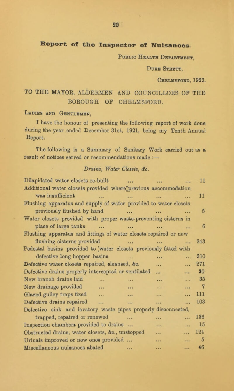 Report of the Inspector of Nuisances. PuBiiio Health Department, Duke Stritt, Chelmsford, J922. TO THE MAYOR, ALDERMEN AND COUNCILLORS OF THE BOROUGH OF CHELMSFORD. Ladies and Gentlemen, I have the honour of presenting the following report of work done during the year ended December 31st, 1921, being my Tenth Annual Report. The following is a Summary of Sanitary Work carried out as a result of notices served or recommendations made:— Drains, Water Closets, dc. Dilapidated water closets re-built Additional water closets provided where”previou8 accommodation was insufficient Flushing apparatus and supply of water provided to water closets previously flushed by hand Water closets provided with proper waste-preventing cisterns in place of large tanks Flushing apparatus and fittings of water closets repaired or new flushing cisterns provided Pedestal basins provided to ’water closets previously fitted with defective long hopper basins Defective water closets repaired, sleansed, &c. Defective drains properly intercepted or ventilated ... New branch drains laid New drainage provided Glazed gulley traps fixed Defective drains repaired Defective sink and lavatory waste pipes properly disconnected, trapped, repaired or renewed Inspection chambers provided to drains ... Obstructed drains, water closets, &c., unstopped Urinals improved or new ones provided ... Miscellaneous nuisances abated 11 11 5 6 243 310 271 SO 35 7 111 103 136 15 124 5 46