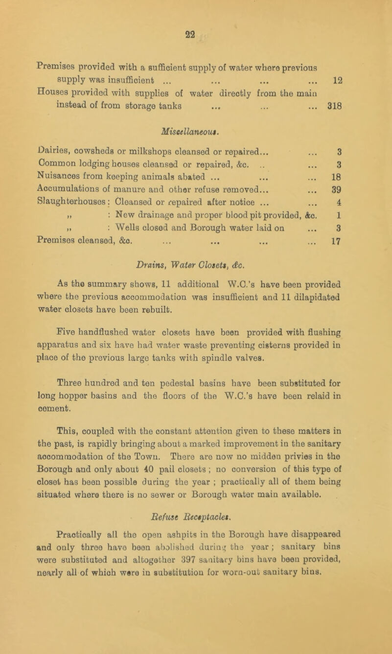 Premises provided with a sufficient supply of water where previous supply was insufficient ... ... ... ... 12 Houses provided with supplies of water directly from the main instead of from storage tanks ... ... ... 318 Miseellaneou$. Dairies, cowsheds or milkshops cleansed or repaired... ... 3 Common lodging houses cleansed or repaired, &c. .. ... 3 Nuisances from keeping animals abated ... ... ... 18 Accumulations of manure and other refuse removed... ... 39 Slaughterhouses : Cleansed or repaired after notice ... ... 4 » : New drainage and proper blood pit provided, Ac. 1 ,1 : Wells closed and Borough water laid on ... 3 Premises cleansed, &o. ... ... ... ... 17 Drains, Water Closets, dc. As the summary shows, 11 additional W.C.’s have been provided where the previous accommodation was insufficient and 11 dilapidated water closets have been rebuilt. Five handflushed water closets have been provided with flushing apparatus and six have bad water waste preventing cisterns provided in place of the previous large tanks with spindle valves. Three hundred and ten pedestal basins have been substituted for long hopper basins and the floors of the W.C.’s have been relaid in cement. This, coupled with the constant attention given to these matters in the past, is rapidly bringing about a marked improvement in the sanitary accommodation of the Town. There are now no midden privies in the Borough and only about 40 pail closets ; no conversion of this type of closet has been possible during the year ; practically all of them being situated where there is no sewer or Borough water main available. Refuse Becsptacles. Practically all the open ashpits in the Borough have disappeared and only three have been abolished during the year ; sanitary bins were substituted and altogether 397 sanitary bins have been provided, nearly all of which were in substitution for worn-out sanitary bins.