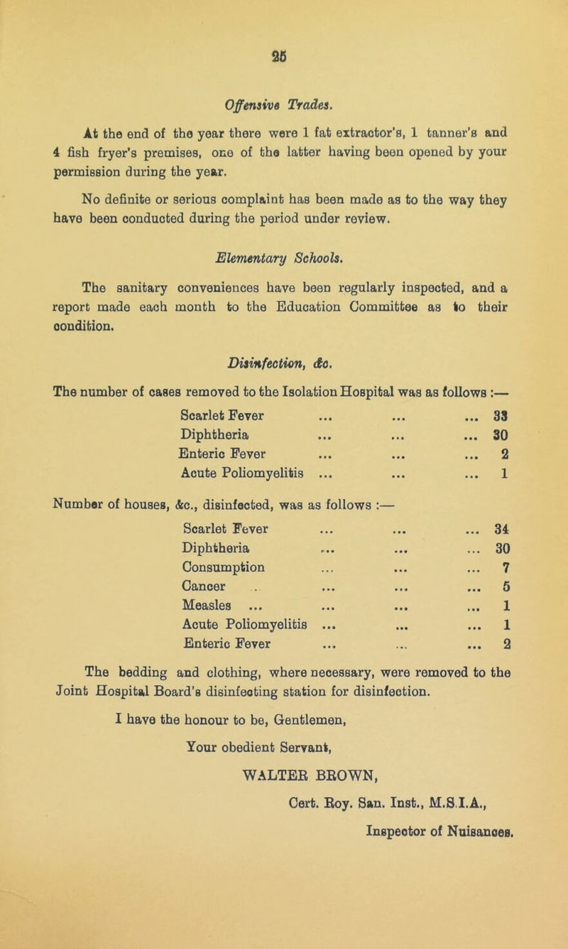 26 Offensive Trades. At the end of the year there wore 1 fat extractor’s, 1 tanner’s and 4 fish fryer’s premises, one of the latter having been opened by your permission during the year. No definite or serious complaint has been made as to the way they have been conducted during the period under review. Elementary Schools. The sanitary conveniences have been regularly inspected, and a report made each month to the Education Committee as to their condition. Disinfection, do. The number of cases removed to the Isolation Hospital was as follows :— Scarlet Fever ... ... ... 33 Diphtheria ... ... ... 30 Enteric Fever ... ... ... 2 Acute Poliomyelitis ... ... ... 1 Number of houses, &c., disinfected, was as follows :— Scarlet Fever ... ... ... 34 Diphtheria ... ... ... 30 Consumption ... ... ... 7 Cancer ... ... ... 5 Measles ... ... ... ... 1 Acute Poliomyelitis ... ... ... 1 Enteric Fever ... ... ... 2 The bedding and clothing, where necessary, were removed to the Joint Hospital Board’s disinfecting station for disinfection. I have the honour to be. Gentlemen, Your obedient Servant, WALTER BROWN, Cert. Roy. San. Inst., M.S.I.A., Inspector of Nuisances.