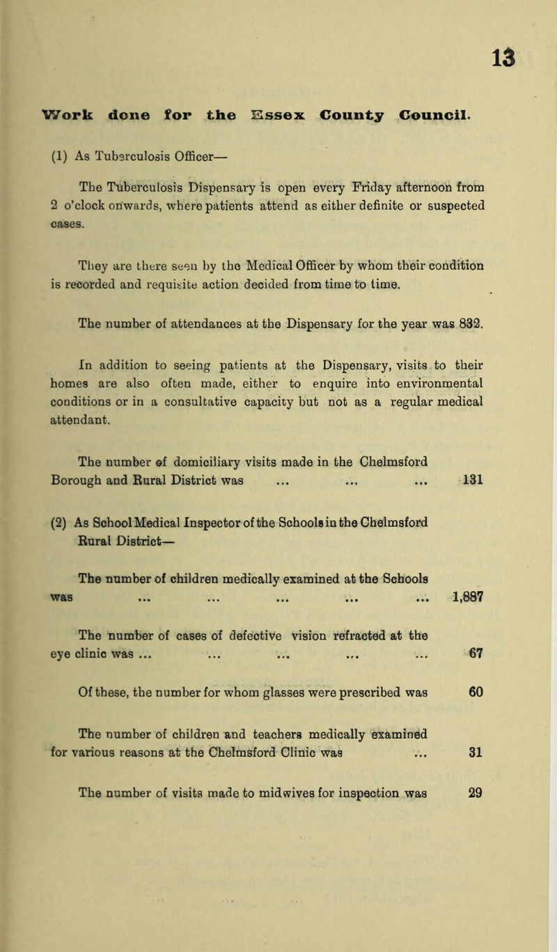 Work done for the Essex County Council. (1) As Tuberculosis Officer— The Tuberculosis Dispensary is open every Friday afternoon from 2 o’clock onwards, where patients attend as either definite or suspected cases. They are there seen by the Medical Officer by whom their condition is recorded and requisite action decided from time to lime. The number of attendances at the Dispensary for the year was 832. In addition to seeing patients at the Dispensary, visits to their homes are also often made, either to enquire into environmental conditions or in a consultative capacity but not as a regular medical attendant. The number of domiciliary visits made in the Chelmsford Borough and Rural District was ... ... ... 131 (2) As School Medical Inspector of the Schools in the Chelmsford Rural District— The number of children medically examined at the Schools was ... ... ... ... ... 1,887 The number of cases of defective vision refracted at the eye clinic was ... ... ... ... ... 67 Of these, the number for whom glasses were prescribed was 60 The number of children and teachers medically examined for various reasons at the Chelmsford Clinic was ... 31 The number of visits made to midwives for inspection was 29
