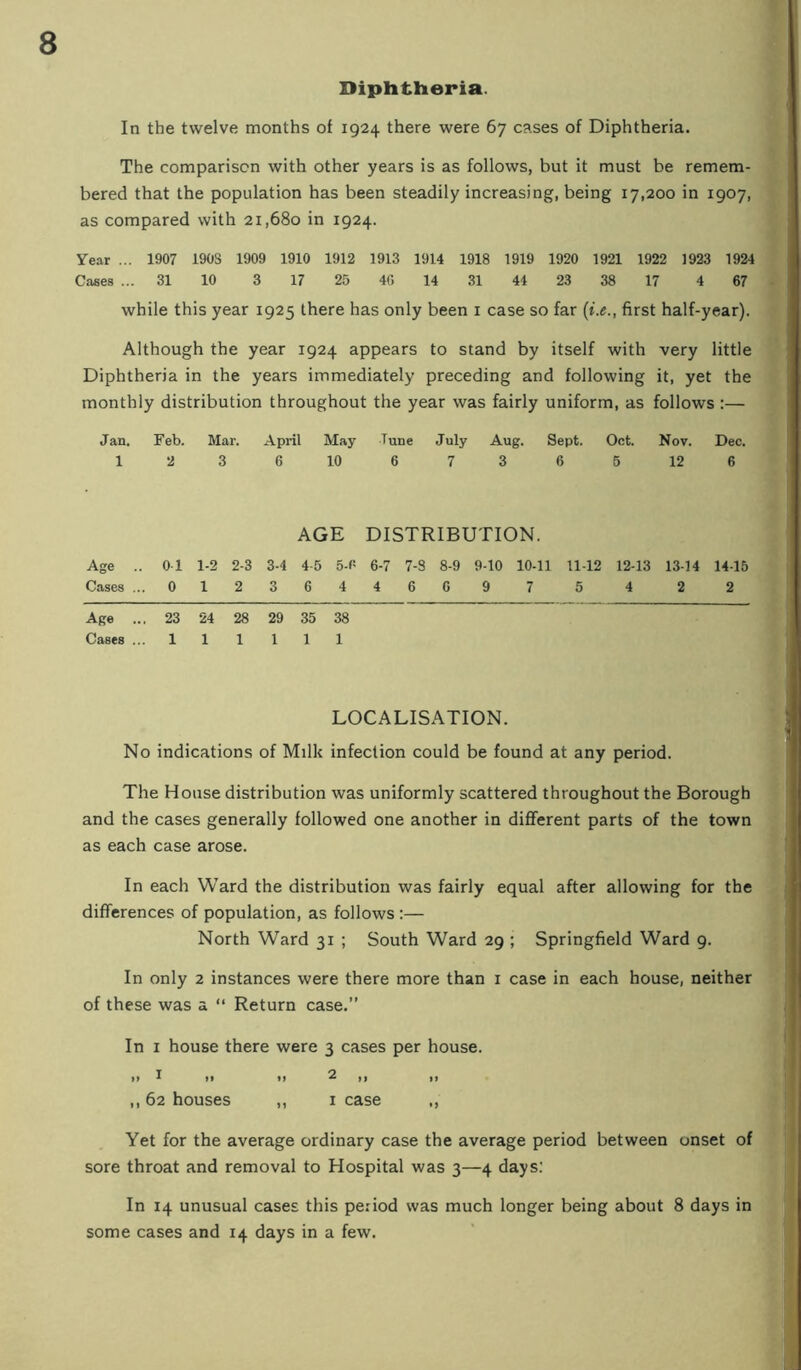 Diphtheria. In the twelve months of 1924 there were 67 cases of Diphtheria. The comparison with other years is as follows, but it must be remem- bered that the population has been steadily increasing, being 17,200 in 1907, as compared with 21,680 in 1924. Year ... 1907 190S 1909 1910 1912 1913 1914 1918 1919 1920 1921 1922 1923 1924 Cases ... 31 10 3 17 25 40 14 31 44 23 38 17 4 67 while this year 1925 there has only been i case so far {i.e., first half-year). Although the year 1924 appears to stand by itself with very little Diphtheria in the years immediately preceding and following it, yet the monthly distribution throughout the year was fairly uniform, as follows :— Jan. Feb. Mar. April May Tune July Aug. Sept. Oct. Nov. Dec. 1236 10 67365 12 6 AGE DISTRIBUTION. Age .. 0 1 1-2 2-3 3-4 4-5 5-6 6-7 7-8 8-9 9-10 10-11 U-12 12-13 13-14 14-15 Cases ... 0123644669 7 5 4 2 2 Age ... 23 24 28 29 35 38 Cases ... 1 1 1 111 LOCALISATION. No indications of Milk infection could be found at any period. The House distribution was uniformly scattered throughout the Borough and the cases generally followed one another in different parts of the town as each case arose. In each Ward the distribution was fairly equal after allowing for the differences of population, as follows :— North Ward 31 ; South Ward 29 ; Springfield Ward 9. In only 2 instances were there more than i case in each house, neither of these was a “ Return case.” In I house there were 3 cases per house. »> 1 »> II 2 ,, ,, ,, 62 houses ,, I case ., Yet for the average ordinary case the average period between onset of sore throat and removal to Hospital was 3—4 days; In 14 unusual cases this period was much longer being about 8 days in some cases and 14 days in a few.