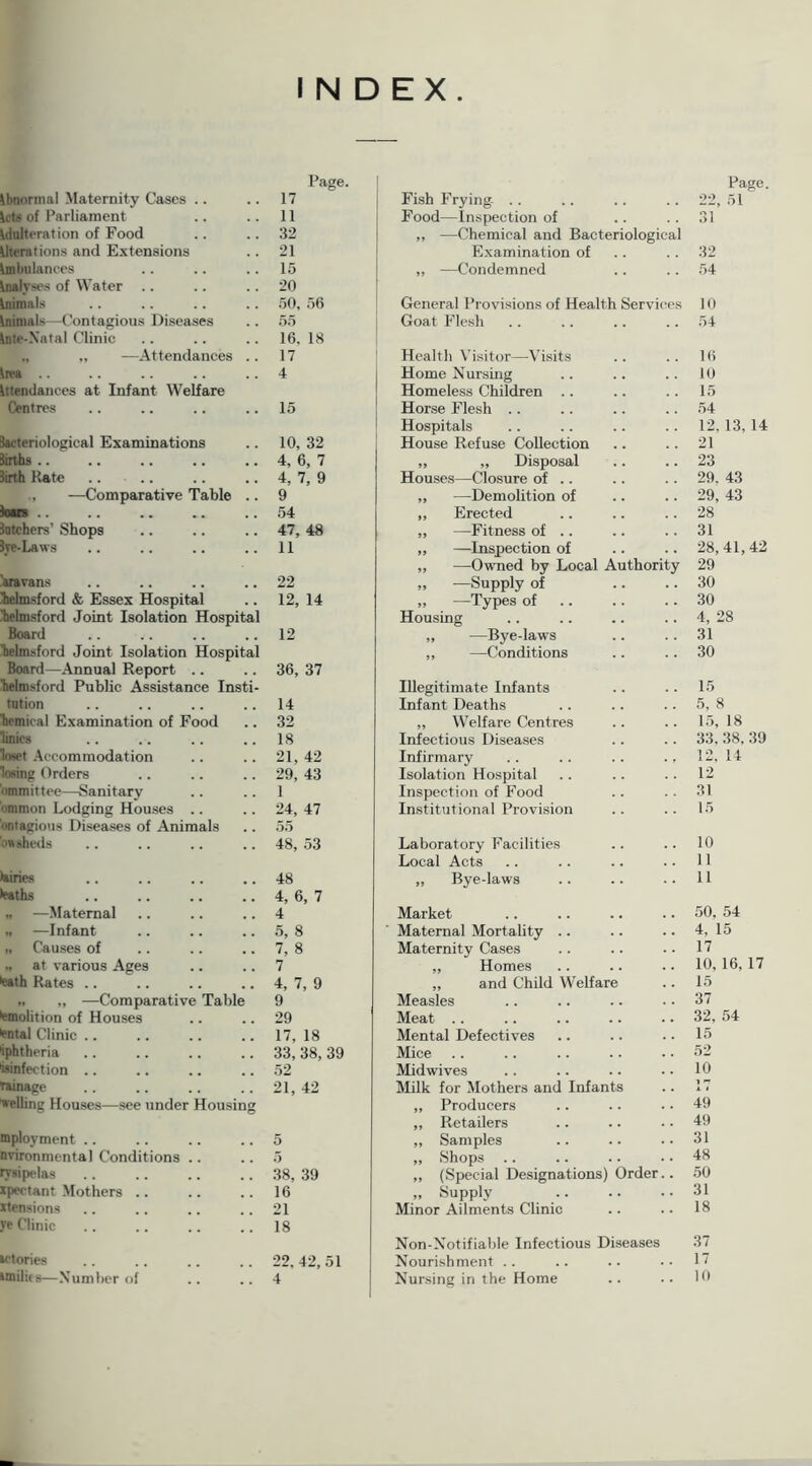INDEX Page. Page. Abnormal Maternity Cases .. 17 Fish Frying- 22, 51 lets of Parliament 11 Food—Inspection of 31 adulteration of Food 32 „ —Chemical and Bacteriological Jterations and Extensions 21 Examination of 32 imbulances 15 „ —Condemned 54 inalvses of Water 20 Inim&ls 50, 56 General Provisions of Health Services 10 \ inn mis—Contagious Diseases 55 Goat Flesh 54 Inte-Natal Clinic 16. 18 —Attendances .. 17 Health Visitor—Visits 16 irea .. 4 Home Nursing 10 \t tendances at Infant Welfare Homeless Children 15 Centres 15 Horse Flesh 54 Hospitals 12. 13, 14 lacteriological Examinations 10, 32 House Refuse Collection 21 Hirths .. 4, 6, 7 „ ,, Disposal 23 Birth Kate .. .. 4, 7, 9 Houses—Closure of .. 29. 43 —Comparative Table .. 9 „ —Demolition of 29, 43 tears 54 „ Erected 28 Hatchers’ Shops 47, 48 „ —Fitness of .. 31 lye-Laws 11 „ —Inspection of 28,41,42 „ —Owned by Local Authority 29 'aravans 22 „ -—Supply of 30 Tielnisford & Essex Hospital 12, 14 „ —Types of 30 belnisford Joint Isolation Hospital Housing 4, 28 Board 12 „ —Bye-laws 31 helmsford Joint Isolation Hospital ,, —Conditions 30 Board—Annual Report .. 36, 37 belnisford Public Assistance Insti- Illegitimate Infants 15 tution 14 Infant Deaths 5, 8 hemical Examination of Food 32 „ Welfare Centres 15, 18 linics 18 Infectious Diseases 33, 38, 39 loset Accommodation 21, 42 Infirmary 12, 14 losing Orders 29, 43 Isolation Hospital 12 ‘immittee—Sanitary 1 Inspection of Food 31 ommon Lodging Houses .. 24, 47 Institutional Provision 15 ontagious Diseases of Animals 55 onaheds 48, 53 Laboratory Facilities 10 Local Acts 11 aides 48 „ Bye-laws 11 •eaths 4, 6, 7 „ —Maternal 4 Market 50, 54 .. —Infant 5, 8 Maternal Mortality .. 4, 15 n Causes of 7, 8 Maternity Cases 17 .. at various Ages 7 „ Homes 10, 16, 17 •eath Rates .. 4, 7, 9 „ and Child Welfare 15 .. „ —Comparative Table 9 Measles 37 'emolition of Houses 29 Meat 32, 54 ental Clinic .. 17, 18 Mental Defectives 15 iphtheria 33, 38, 39 Mice 52 isinfection .. 52 Midwives 10 fainage 21, 42 Milk for Mothers and Infants 17 welling Houses—see under Housing „ Producers 49 „ Retailers 49 mployment 5 „ Samples 31 nvironmental Conditions 5 „ Shops 48 rysipelas 38, 39 „ (Special Designations) Order.. 50 xpectant Mothers .. 16 „ Supply 31 ^tensions 21 Minor Ailments Clinic 18 ye Clinic 18 Non-Xotifiable Infectious Diseases 37 actories 22, 42,51 Nourishment 17 tmilies—Number of 4 Nursing in the Home 10