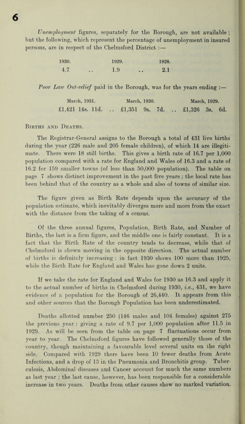 Unemployment figures, separately for the Borough, are not available ; but the following, which represent the percentage of unemployment in insured persons, are in respect of the Chelmsford District :— 1930. 1929. 1928. 4.7 .. 1.9 .. 2.1 Poor Law Ovt-relief paid in the Borough, was for the years ending :— March, 1931. March, 1930. March, 1929. £1,421 14s. lid. .. £1,351 9s. 7d. .. £1,326 3s. 6d. Births and Deaths. The Registrar-General assigns to the Borough a total of 431 live births during the year (226 male and 205 female children), of which 14 are illegiti- mate. There were 18 still births. This gives a birth rate of 16.7 per 1,000 population compared with a rate for England and Wales of 16.3 and a rate of 16.2 for 159 smaller towns (of less than 50,000 population). The table on page 7 shows distinct improvement in the past five years ; the local rate has been behind that of the country as a whole and also of towns of similar size. The figure given as Birth Rate depends upon the accuracy of the population estimate, which inevitably diverges more and more from the exact with the distance from the taking of a census. Of the three annual figures, Population, Birth Rate, and Number of Births, the last is a firm figure, and the middle one is fairly constant. It is a fact that the Birth Rate of the country tends to decrease, while that of Chelmsford is shewn moving in the opposite direction. The actual number of births is definitely increasing : in fact 1930 shows 100 more than 1925, while the Birth Rate for England and Wales has gone down 2 units. If we take the rate for England and Wales for 1930 as 16.3 and apply it to the actual number of births in Chelmsford during 1930, i.e., 431, we have evidence of a population for the Borough of 26,440. It appears from this and other sources that the Borough Population has been underestimated. Deaths allotted number 250 (146 males and 104 females) against 275 the previous year : giving a rate of 9.7 per 1,000 population after 11.5 in 1929. As will be seen from the table on page 7 fluctuations occur from year to year. The Chelmsford figures have followed generally those of the country, though maintaining a favourable level several units on the right side. Compared with 1929 there have been 10 fewer deaths from Acute Infections, and a drop of 13 in the Pneumonia and Bronchitis group. Tuber- culosis, Abdominal diseases and Cancer account for much the same numbers as last year : the last cause, however, has been responsible for a considerable increase in two years. Deaths from other causes show no marked variation.