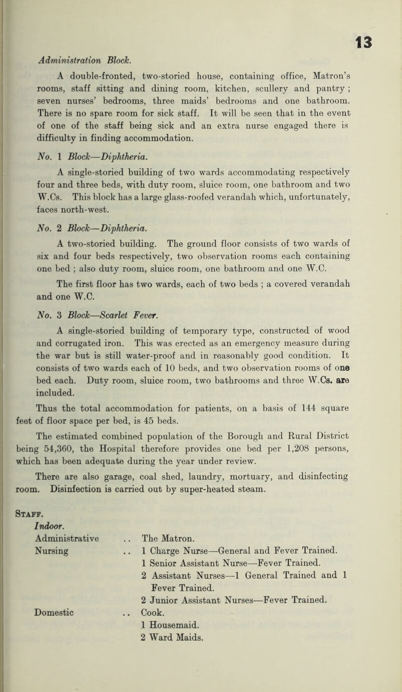 Administration Block. A double-fronted, two-storied house, containing office, Matron’s rooms, staff sitting and dining room, kitchen, scullery and pantry ; seven nurses’ bedrooms, three maids’ bedrooms and one bathroom. There is no spare room for sick staff. It will be seen that in the event of one of the staff being sick and an extra nurse engaged there is difficulty in finding accommodation. No. 1 Block—Diphtheria. A single-storied building of two wards accommodating respectively four and three beds, with duty room, sluice room, one bathroom and two W.Cs. This block has a large glass-roofed verandah which, unfortunately, faces north-west. No. 2 Block—Diphtheria. A two-storied building. The ground floor consists of two wards of six and four beds respectively, two observation rooms each containing one bed ; also duty room, sluice room, one bathroom and one W.C. The first floor has two wards, each of two beds ; a covered verandah and one W.C. No. 3 Block—Scarlet Fever. A single-storied building of temporary type, constructed of wood and corrugated iron. This was erected as an emergency measure during the war but is still water-proof and in reasonably good condition. It consists of two wards each of 10 beds, and two observation rooms of one bed each. Duty room, sluice room, two bathrooms and three W.Ca. are included. Thus the total accommodation for patients, on a basis of 144 square feet of floor space per bed, is 45 beds. The estimated combined population of the Borough and Rural District being 54,360, the Hospital therefore provides one bed per 1,208 persons, which has been adequate during the year under review. There are also garage, coal shed, laundry, mortuary, and disinfecting room. Disinfection is carried out by super-heated steam. Staff. Indoor. Administrative Nursing The Matron. 1 Charge Nurse—General and Fever Trained. 1 Senior Assistant Nurse—Fever Trained. 2 Assistant Nurses—1 General Trained and 1 Domestic Fever Trained. 2 Junior Assistant Nurses—Fever Trained. Cook. 1 Housemaid. 2 Ward Maids.