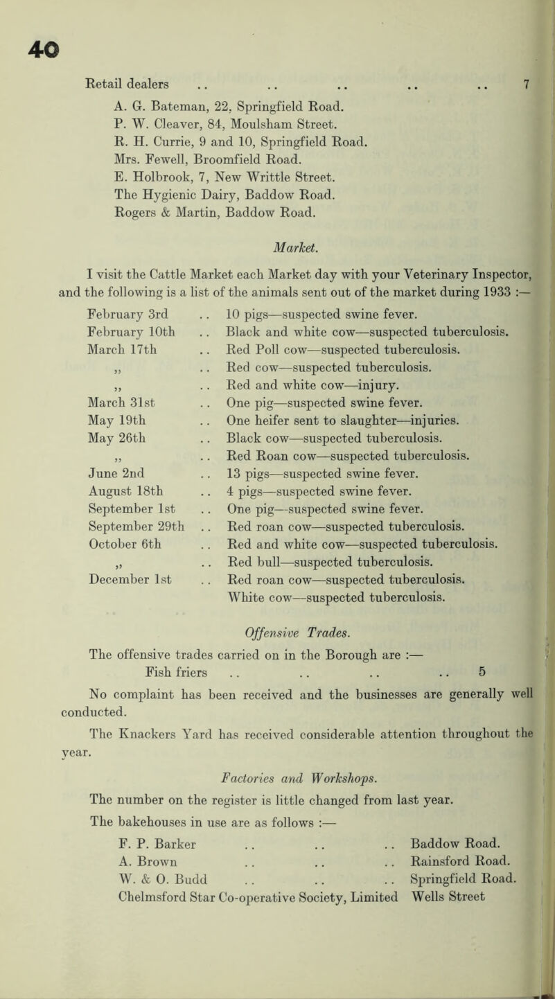 Retail dealers .. .. .. .. .. 7 A. G. Bateman, 22, Springfield Road. P. W. Cleaver, 84, Moulsham Street. R. H. Currie, 9 and 10, Springfield Road. Mrs. Fewell, Broomfield Road. E. Holbrook, 7, New Writtle Street. The Hygienic Dairy, Baddow Road. Rogers & Martin, Baddow Road. Market. I visit the Cattle Market each Market day with your Veterinary Inspector, and the following is a list of the animals sent out of the market during 1933 :— February 3rd February 10th March 17th March 31st May 19th May 26th June 2nd August 18th September 1st September 29th October 6th >> December 1st 10 pigs—suspected swine fever. Black and white cow—suspected tuberculosis. Red Poll cow—suspected tuberculosis. Red cow—suspected tuberculosis. Red and white cow—injury. One pig—suspected swine fever. One heifer sent to slaughter—injuries. Black cow—suspected tuberculosis. Red Roan cow—suspected tuberculosis. 13 pigs—suspected swine fever. 4 pigs—suspected swine fever. One pig—suspected swine fever. Red roan cow—suspected tuberculosis. Red and white cow—suspected tuberculosis. Red bull—suspected tuberculosis. Red roan cow-—suspected tuberculosis. White cow—suspected tuberculosis. Offensive Trades. The offensive trades carried on in the Borough are :— , Fish friers .. .. .. .. 5 No complaint has been received and the businesses are generally well conducted. • The Knackers Yard has received considerable attention throughout the year. i Factories and Workshops. j The number on the register is little changed from last year. | The bakehouses in use are as follows :— F. P. Barker A. Brown W. & 0. Budd Chelmsford Star Co-operative Society, Limited Baddow Road. Rainsford Road. Springfield Road. Wells Street