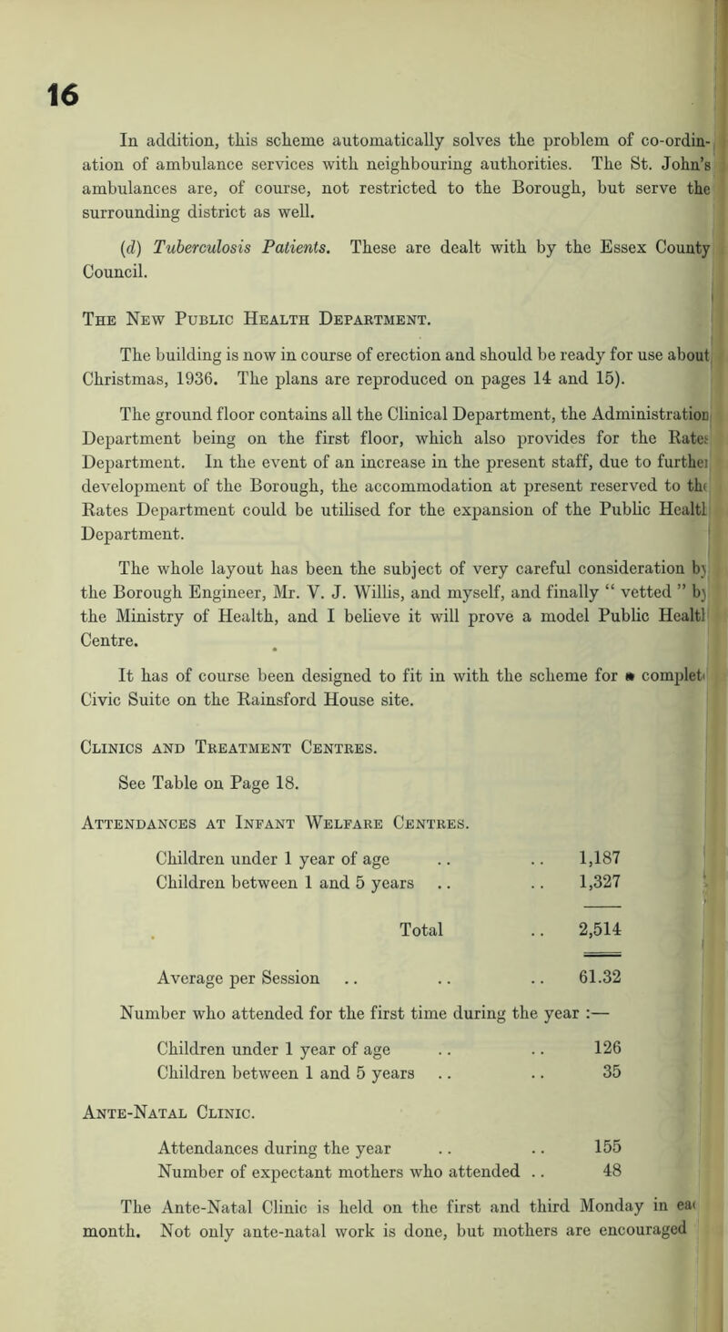 In addition, tliis sclieme automatically solves the problem of co-ordin-, ation of ambulance services with neighbouring authorities. The St. John’s ambulances are, of course, not restricted to the Borough, but serve the surrounding district as well. {d) Tuberculosis Patients. These are dealt with by the Essex County Council. The New Public Health Department. The building is now in course of erection and should be ready for use about Christmas, 1936. The plans are reproduced on pages 14 and 15). The ground floor contains all the Clinical Department, the AdministratioDi Department being on the first floor, which also provides for the Ratet Department. In the event of an increase in the present staff, due to further develoi)ment of the Borough, the accommodation at present reserved to the Rates Department could be utilised for the expansion of the Public Healtl Department. The whole layout has been the subject of very careful consideration bj the Borough Engineer, Mr. V. J. Willis, and myself, and finally “ vetted ” b} the Ministry of Health, and I believe it will prove a model Public Healtl Centre. It has of course been designed to fit in with the scheme for » compleb Civic Suite on the Rainsford House site. Clinics and Treatment Centres. See Table on Page 18. Attendances at Infant Welfare Centres. Children under 1 year of age .. .. 1,187 Children between 1 and 5 years .. .. 1,327 . Total .. 2,514 Average per Session .. .. .. 61.32 Number who attended for the first time during the year :— Children under 1 year of age .. .. 126 Children between 1 and 5 years .. .. 35 Ante-Natal Clinic. Attendances during the year .. .. 155 Number of expectant mothers who attended .. 48 The Ante-Natal Clinic is held on the first and third Monday in eat month. Not only ante-natal work is done, but mothers are encouraged