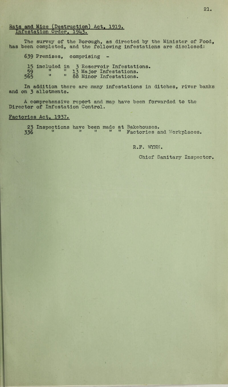 21 Rats and Mice (Destruction) Act. 1919* Infestation Order. 19U3« The survey of the Borough, as directed by the Minister of Pood, has been completed, and the following infestations are disclosed; 639 Premises, comprising - 15 included in 3 Reservoir Infestations. 59 ** ’* 13 Major Infestations. 565 ” 88 Minor Infestations. In addition there are many infestations in ditches, river banks and on 3 allotments. A comprehensive report and map have been for?\rarded to the Director of Infestation Control. Factories Act. 1937. 23 Inspections have been made at Bakehouses. 336 ” ” '* Factories and Workplaces, R.p. Chief Sanitars^ Inspector. 1
