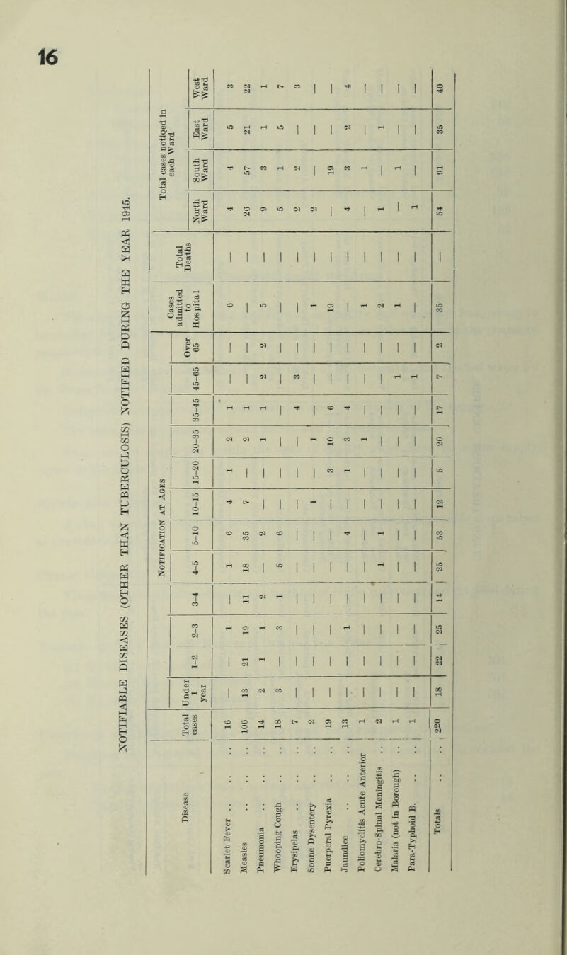 NOTIFIABLE DISEASES (OTHER THAN TUBERCULOSIS) NOTIFIED DURING THE YEAR 1945. .^73 •4^ Im O « ^ ec JS-d *-■ =5 ti o OS or ? a- I CO M rH t*. M rH f-t iTi 1 I 1 1 I I T#< (7- CO 1-i (N I Ci CO ^ CO <3i ift 05 1 I - 1 ” I I I I 1 I CO ^ I I I I I I I I I I I I I I I I O \A 05 O pH 00 I vft I I I I I 1 I 05 pH CO I I i I I I I CO 05 CO c0O'^Q0t^05C5C0pH05 jS ft s s g S ^ S •S 4) ^ OS »H ^