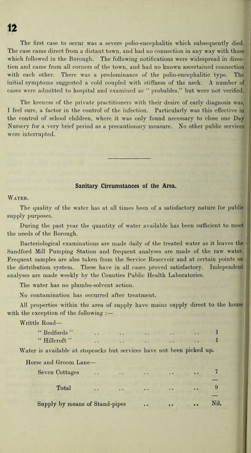 The first case to occur was a severe polio-encephalitis which subsequently died. The case came direct from a distant town, and had no connection in any way with those which followed in the Borough. The following notifications were widespread in direc- tion and came from all corners of the town, and had no known ascertained connection with each other. There was a predominance of the polio-encephalitic type. The initial symptoms suggested a cold coupled with stiffness of the neck. A number of cases were admitted to hospital and examined as “ ])robables.” but were not verified. The keeness of the private practitioners with their desire of early diagnosis was, I feel sure, a factor in the control of the infection. Particularly was this effective in the control of school children, where it was only found necessary to close one Day Nursery for a very brief period as a precautionary measure. No other public services were interrupted. Sanitary Circumstances of the Area. Water. The quality of the water has at all times been of a satisfactory nature for public supply purposes. During the past year the quantity of water available has been sutficient to meet ' the needs of the Borough. Bacteriological examinations are made daily of the treated water as it leaves the .L Sandford Mill Pumping Station and frequent analyses are made of the raw water. I Frequent samples are also taken from the Service Reservoir and at certain points on c the distribution system. These have in all cases proved satisfactory. Independent ■ analyses are made weekly by the Counties Public Health Laboratories. The water has no plumbo-solvent action. No contamination has occurred after treatment. All properties within the area of supply have mains supply direct to the house with the exception of the following :— Writtle Road— “ Bedfords ” .. .. .. .. .. 1 “ Hillcroft ” .. .. .. .. .. 1 I Water is available at stopcocks but services have not been picked up. Horse and Groom Lane— Seven Cottages .. .. .. .. .. 7 j Total .. .. .. .. .. 9 Supply by means of Stand-pipes .. .. .. Nil.